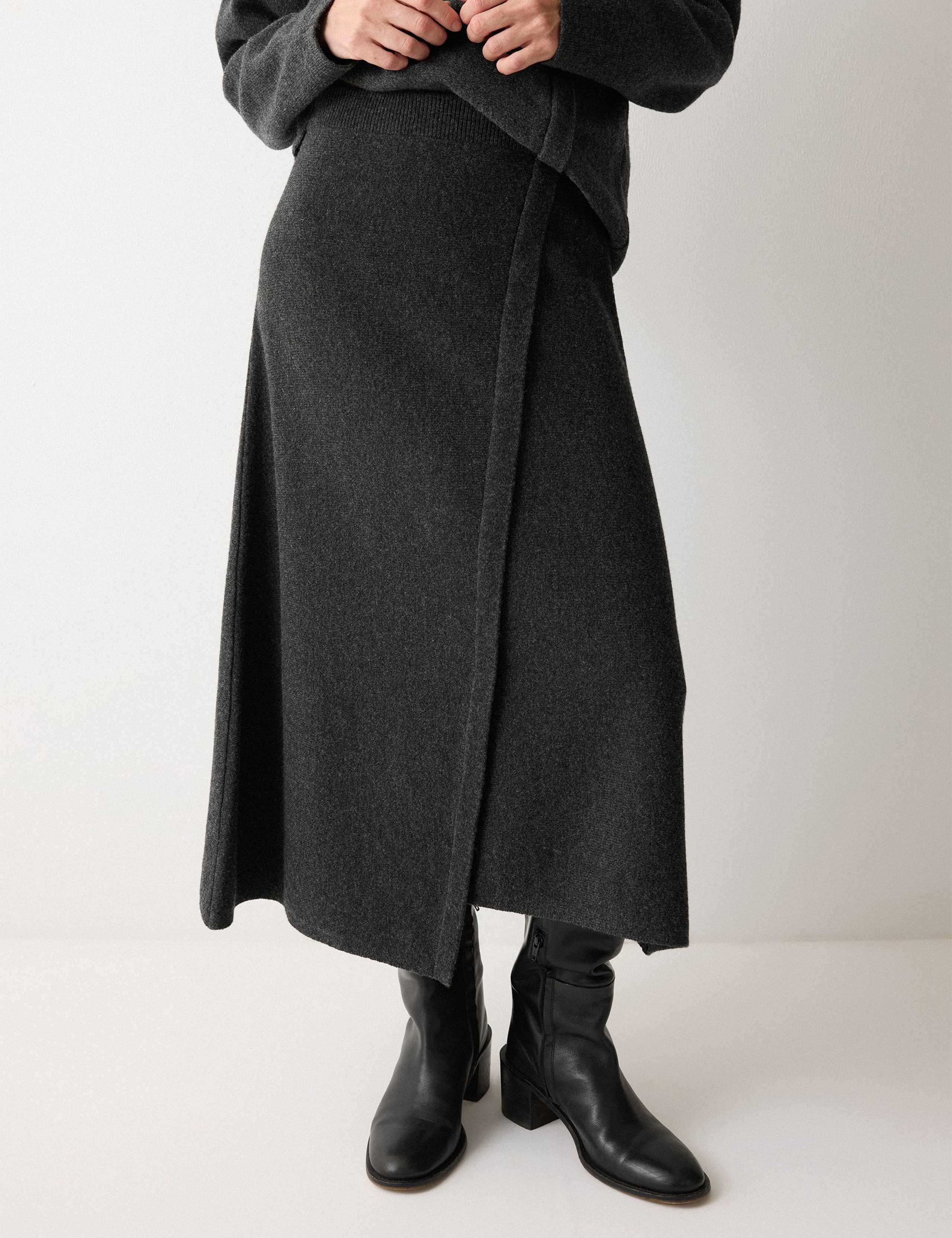Pure Wool Overlap Seam Midi A-Line Skirt