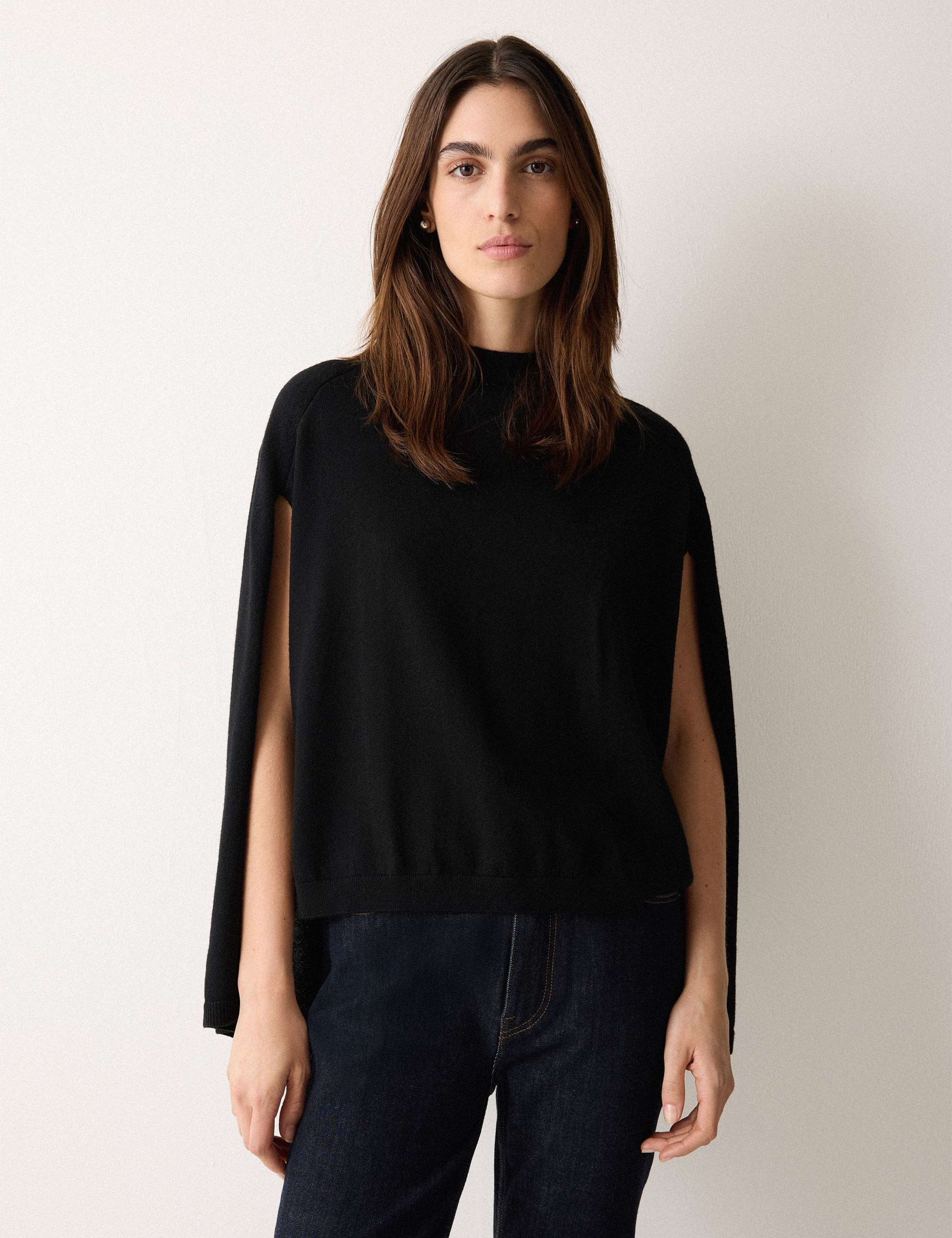 Pure Wool Crew Neck Open Sleeve Cape Jumper