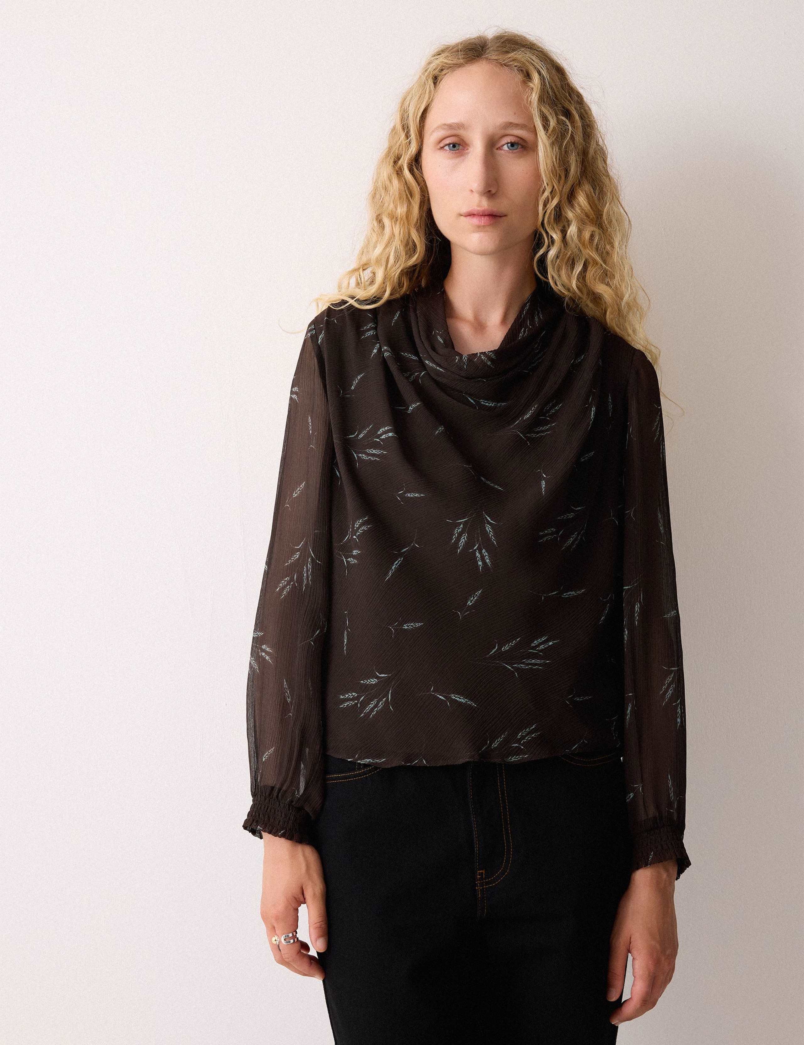 Floral Textured Cowl Neck Popover Blouse