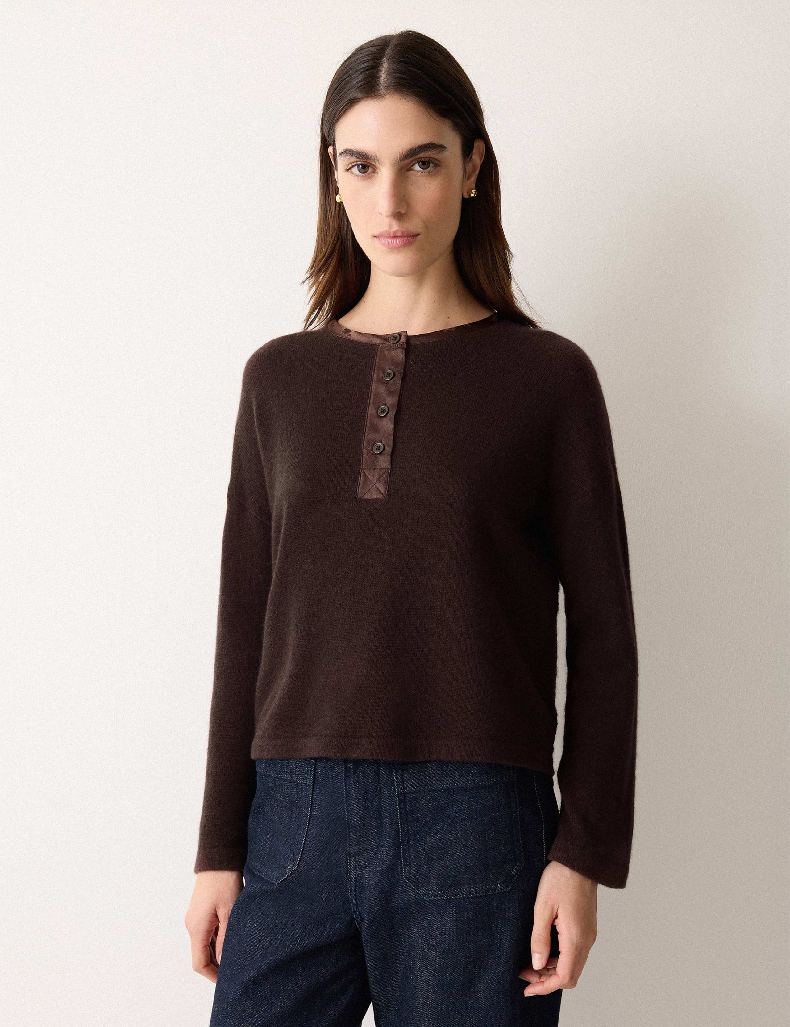 Wool Rich Henley Neck Satin Trim Knitted Top