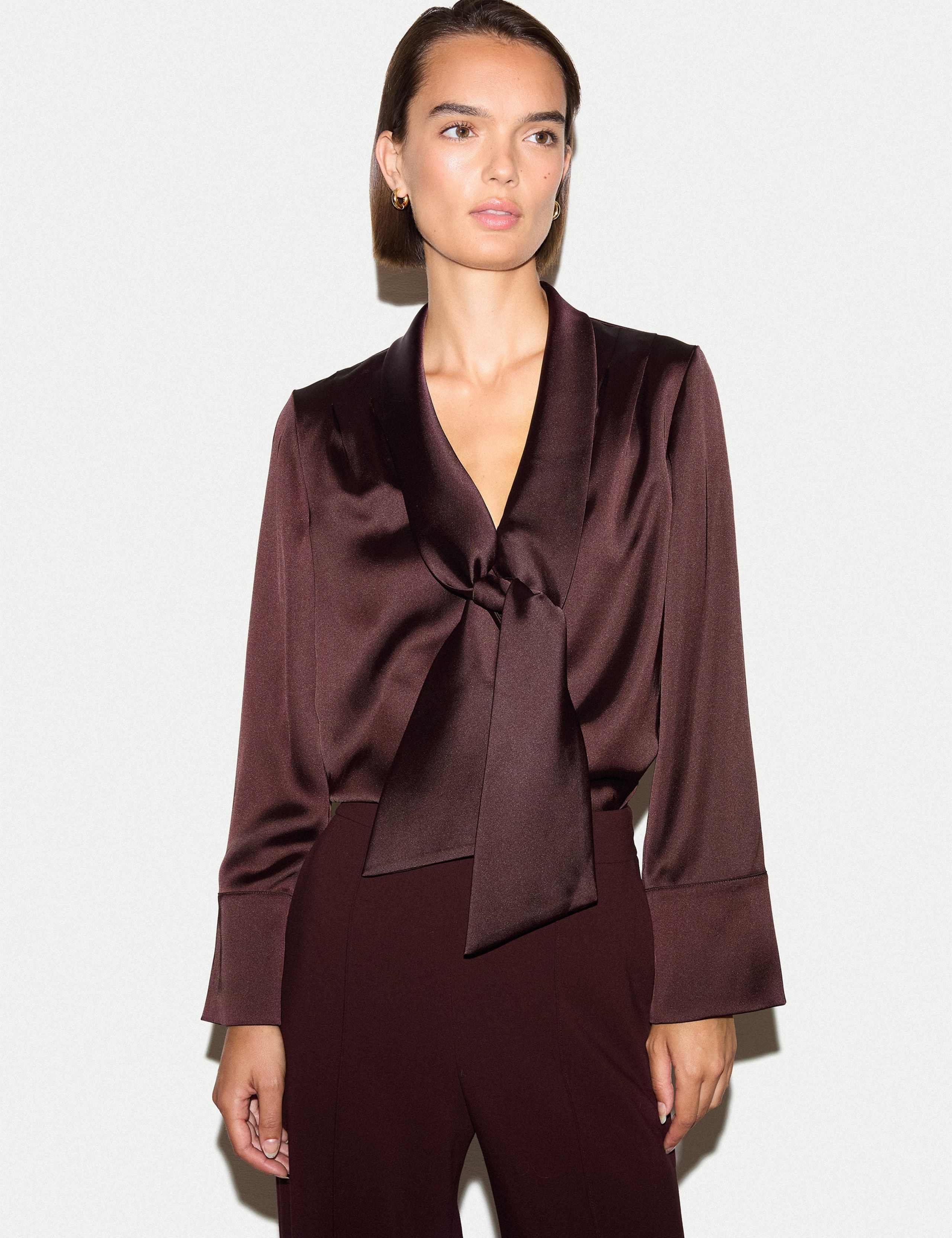 Satin V-Neck Tie Detail Relaxed Blouse