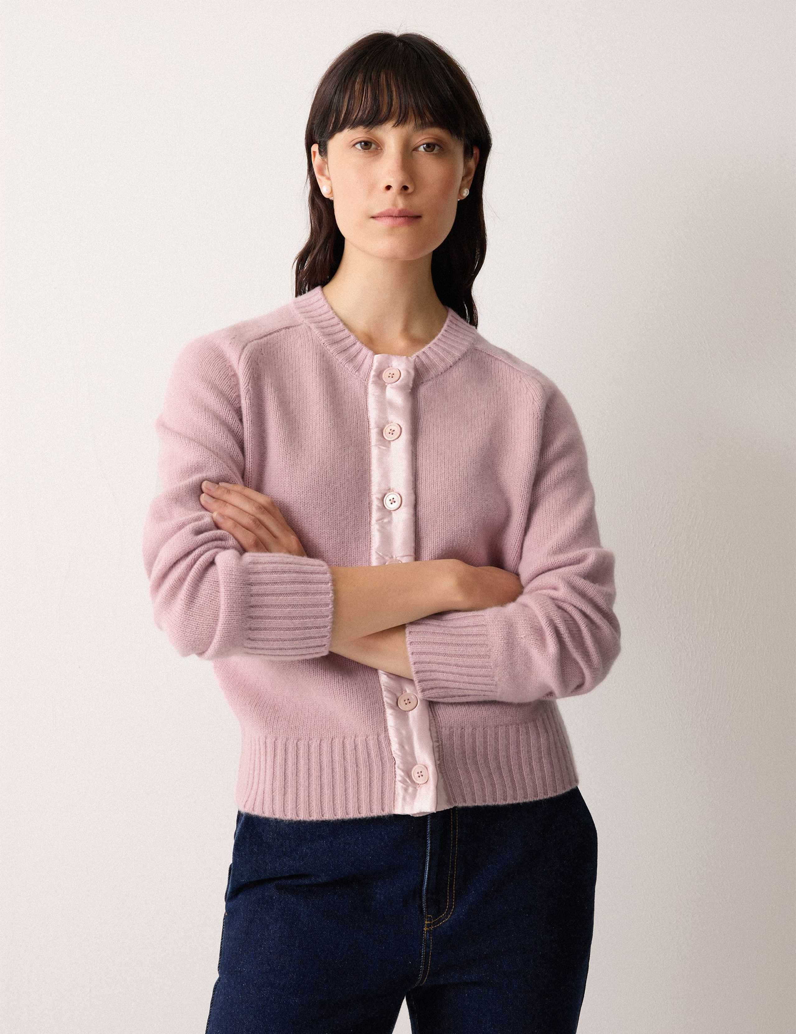 Wool Rich Crew Neck Satin Trim Cardigan