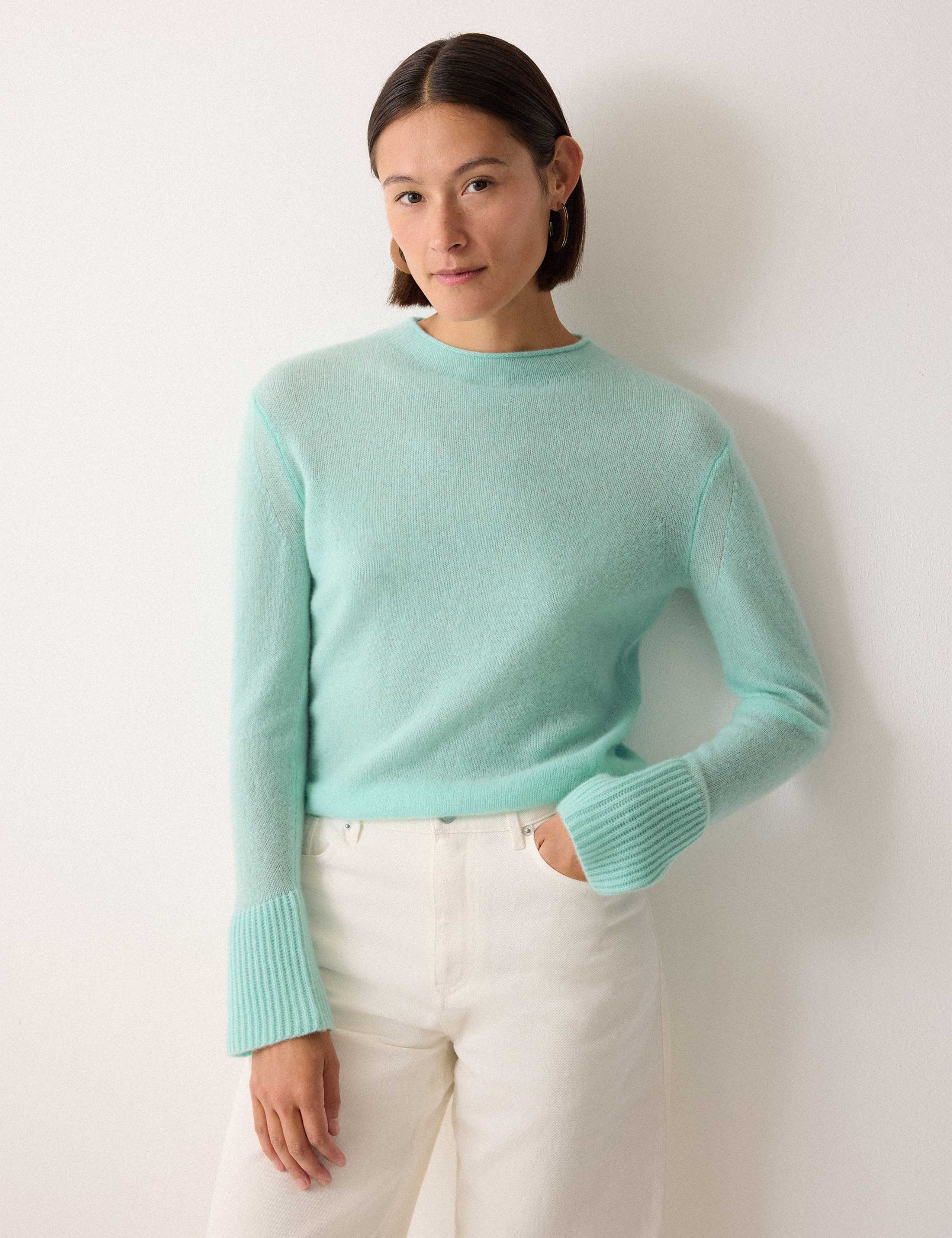 Pure Cashmere Round Neck Fluted Cuff Jumper