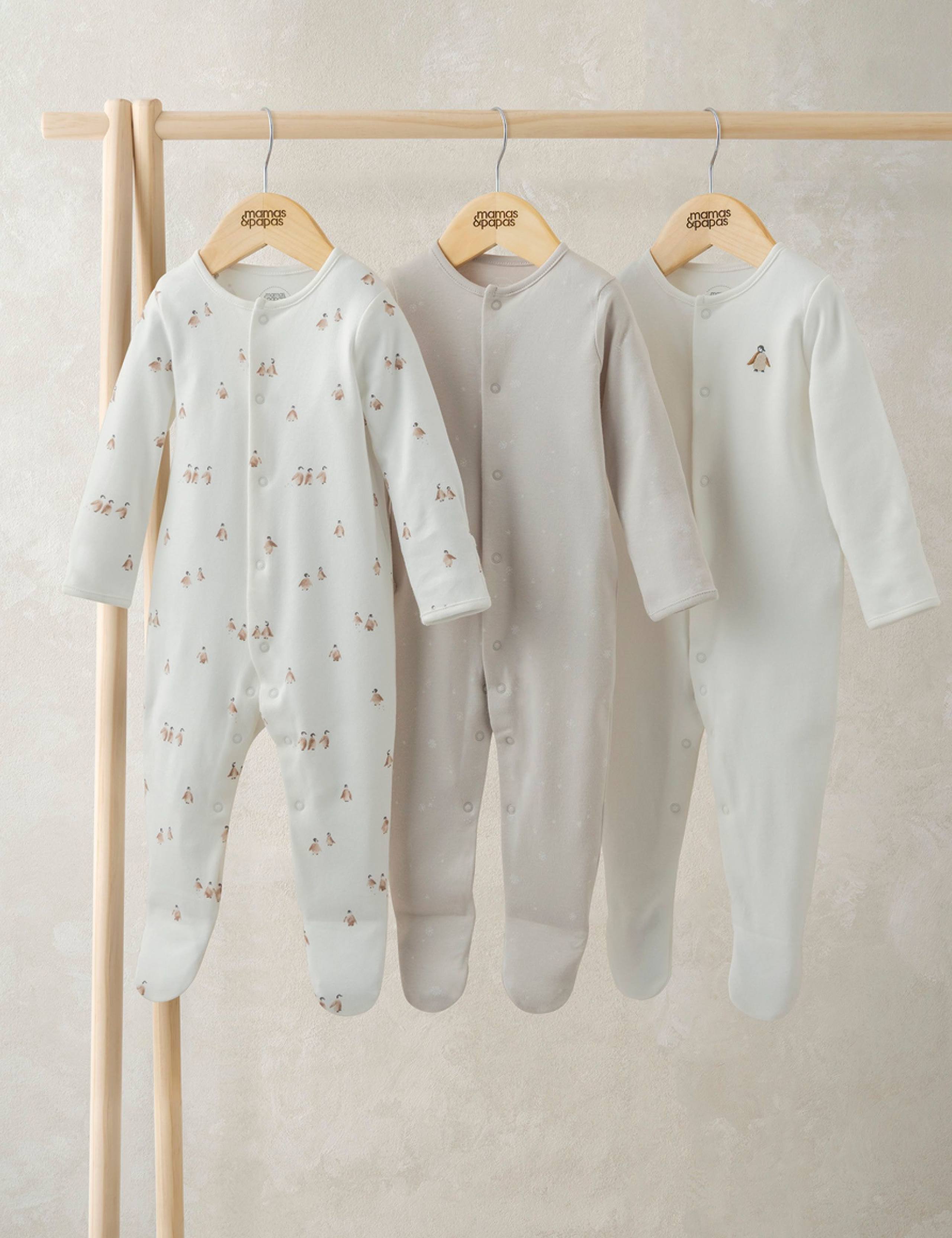3pk Pure Cotton Penguin Sleepsuits (0-24 Mths)