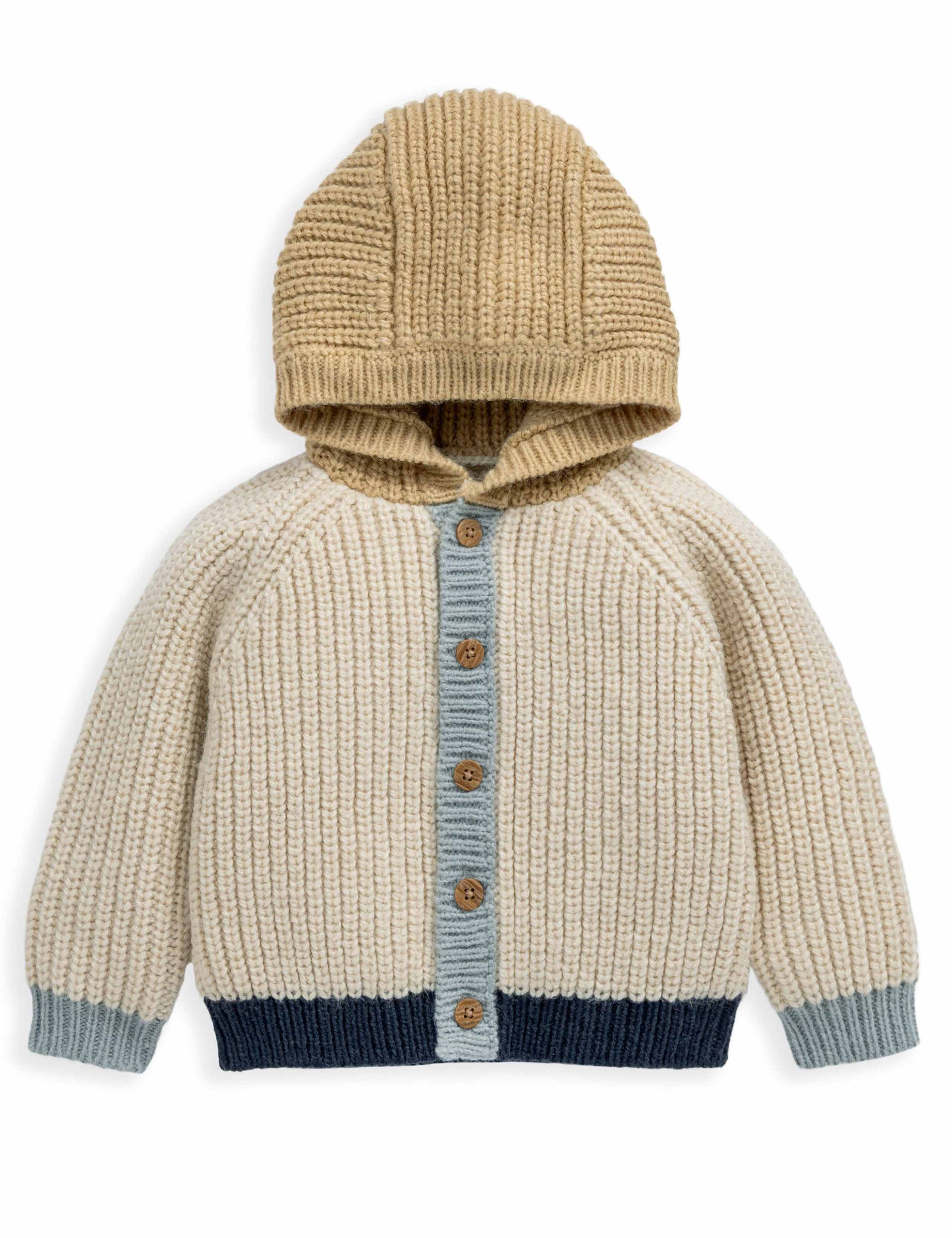 Colour Block Hooded Cardigan with Wool (0-12 Mths)