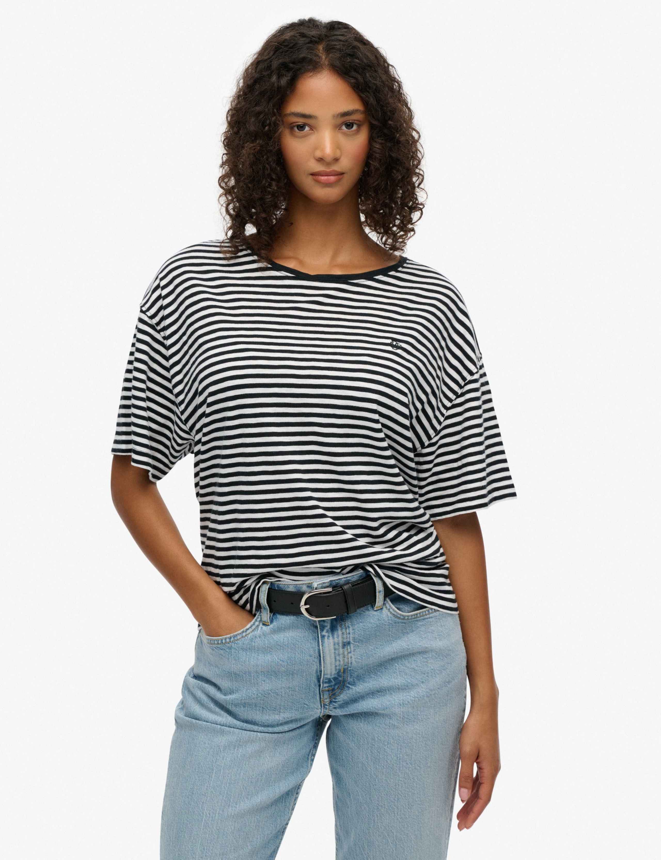 Cotton Rich Striped Boat Neck T-Shirt