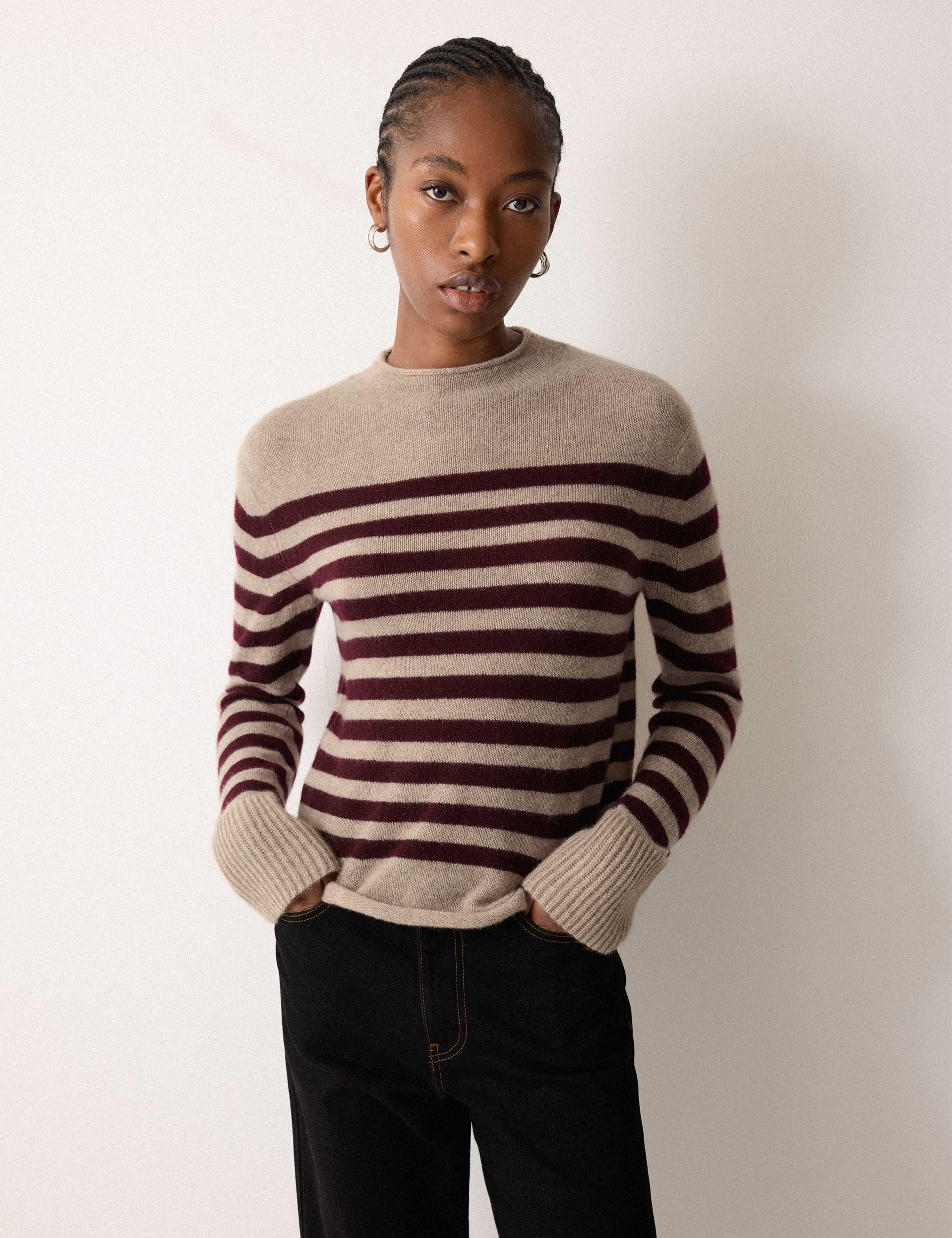 Pure Cashmere Striped Fluted Cuff Jumper