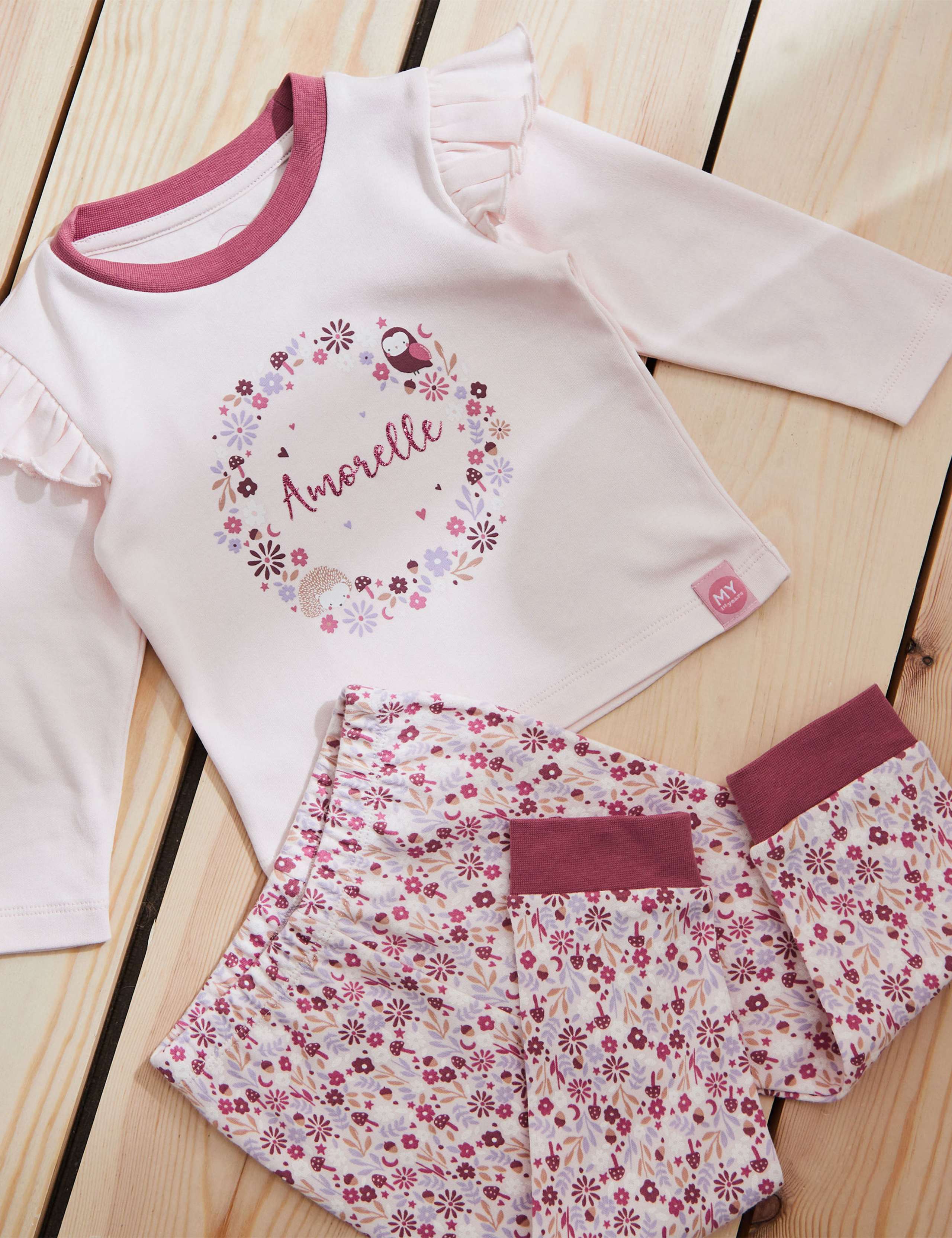Personalised Pink Floral Frill Pyjama Set (0-6 Yrs)