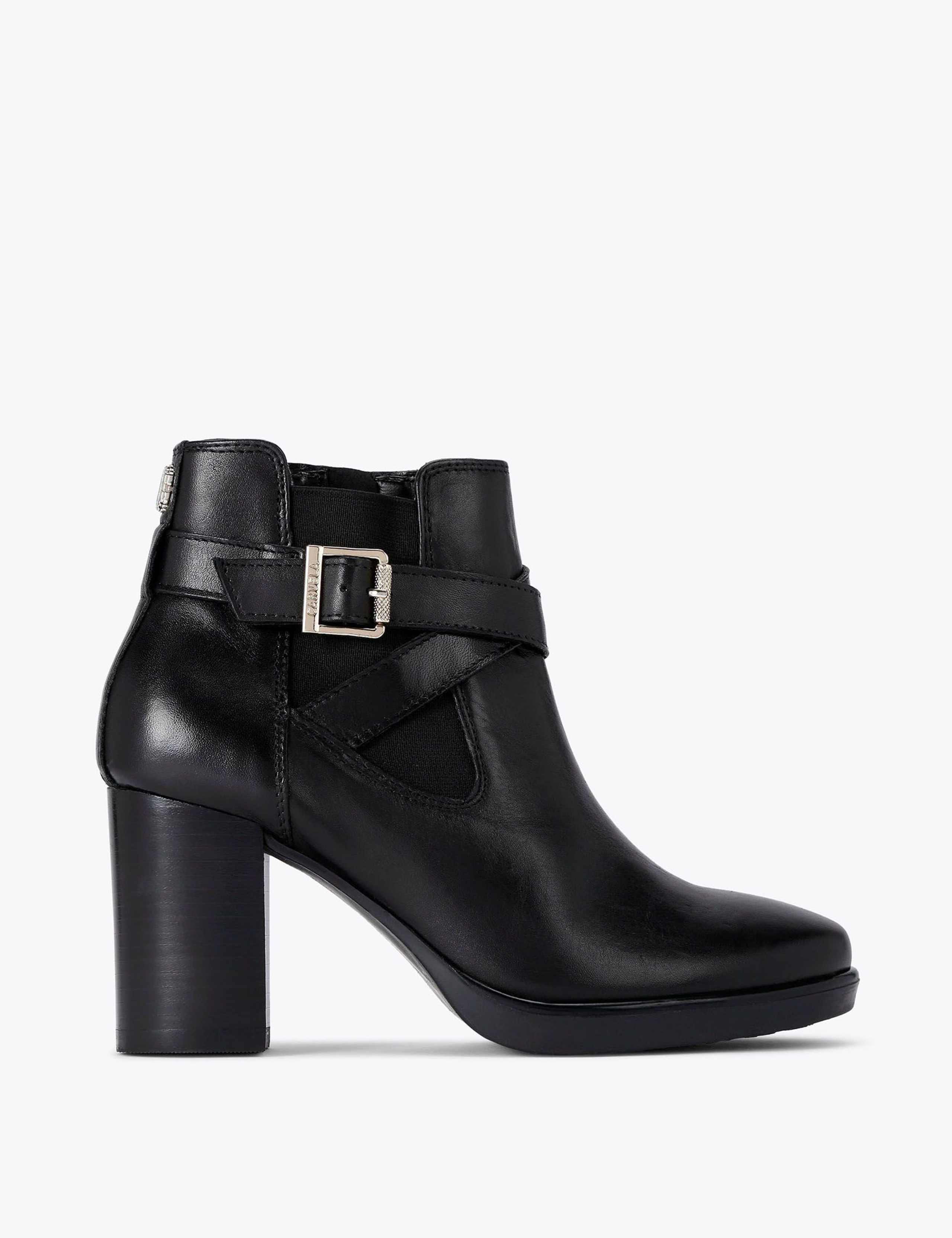 Leather Strap Detail Block Heel Ankle Boots