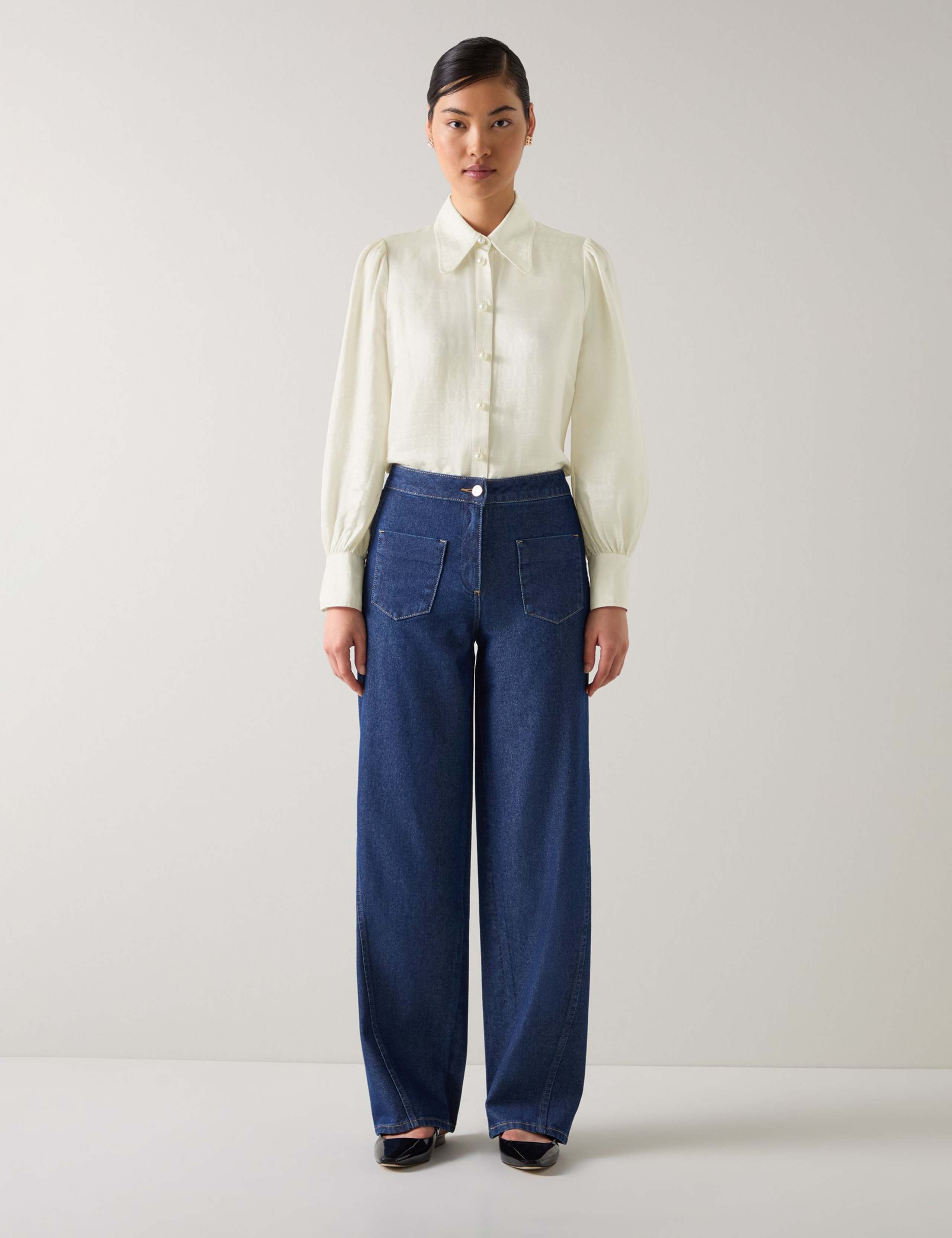 Jacquard Printed Collared Blouse with Silk