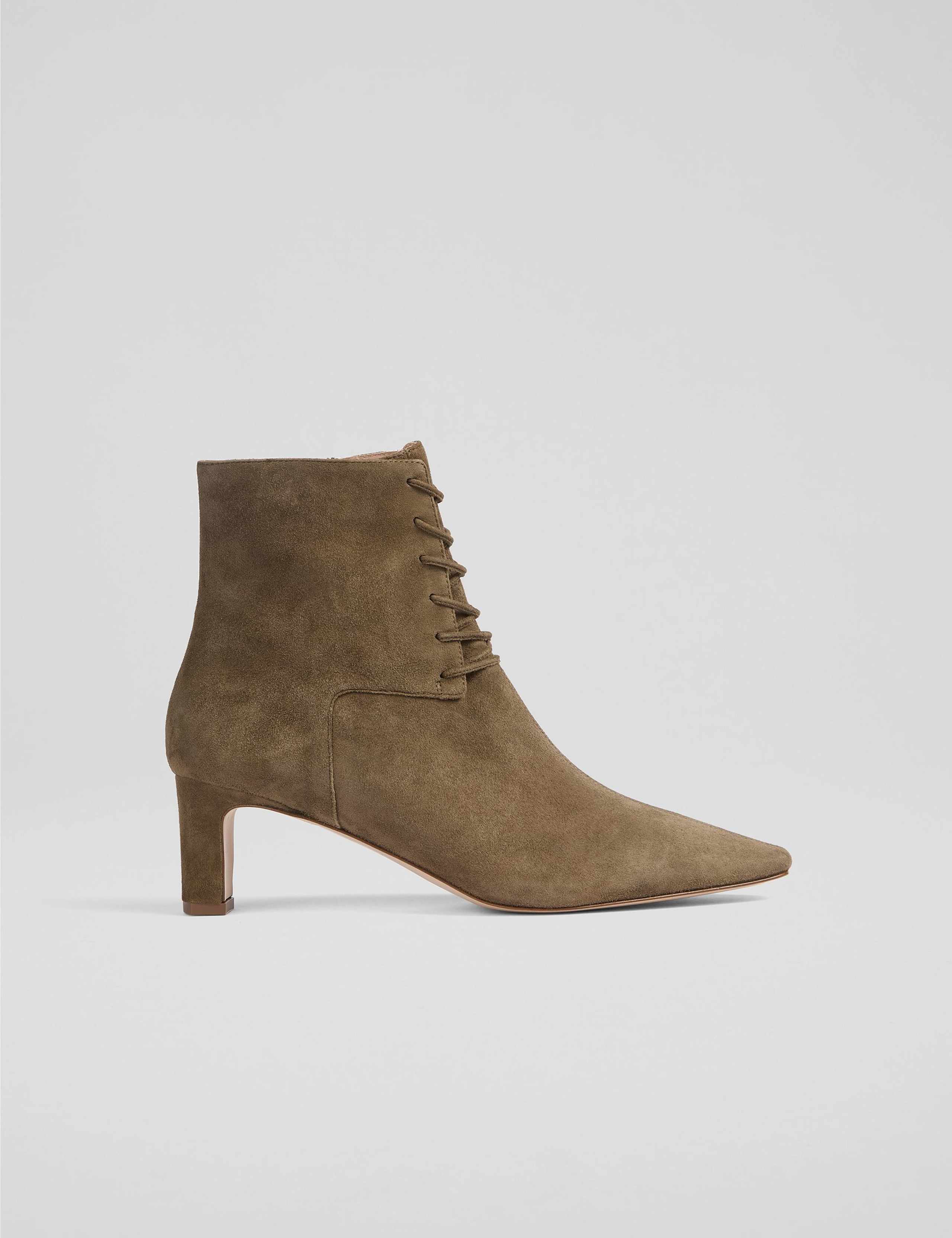 Suede Lace Up Block Heel Pointed Ankle Boots