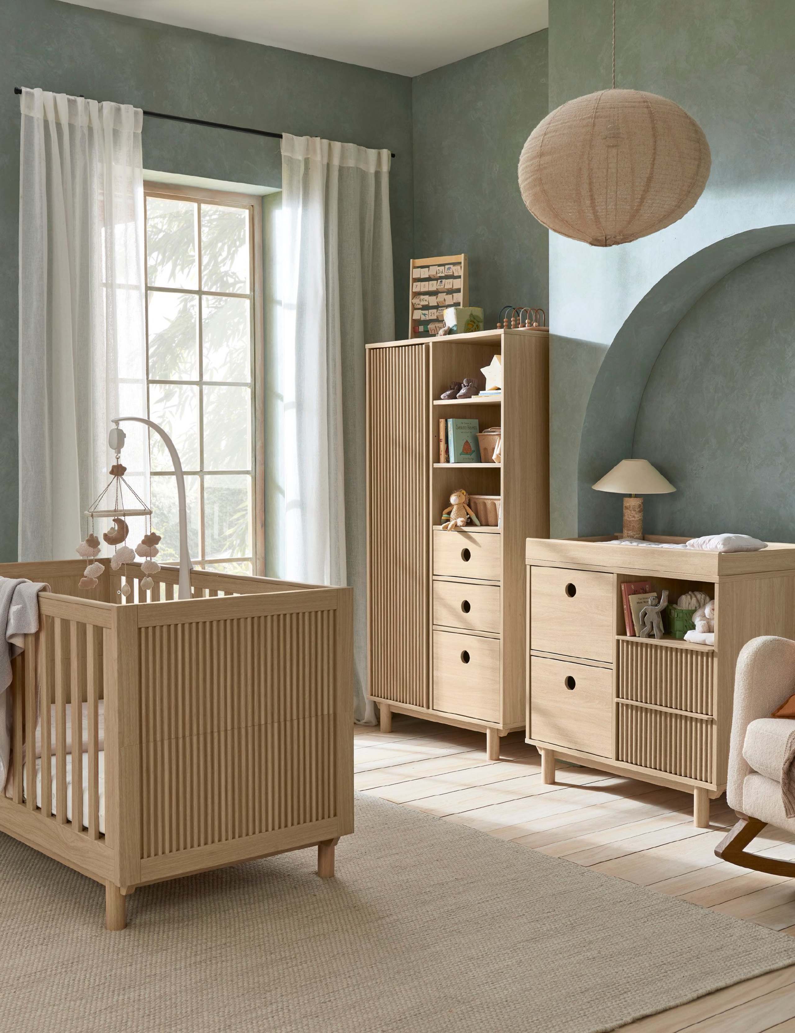 Oska Cot Bed, Narrow Dresser Changer & Wardrobe
