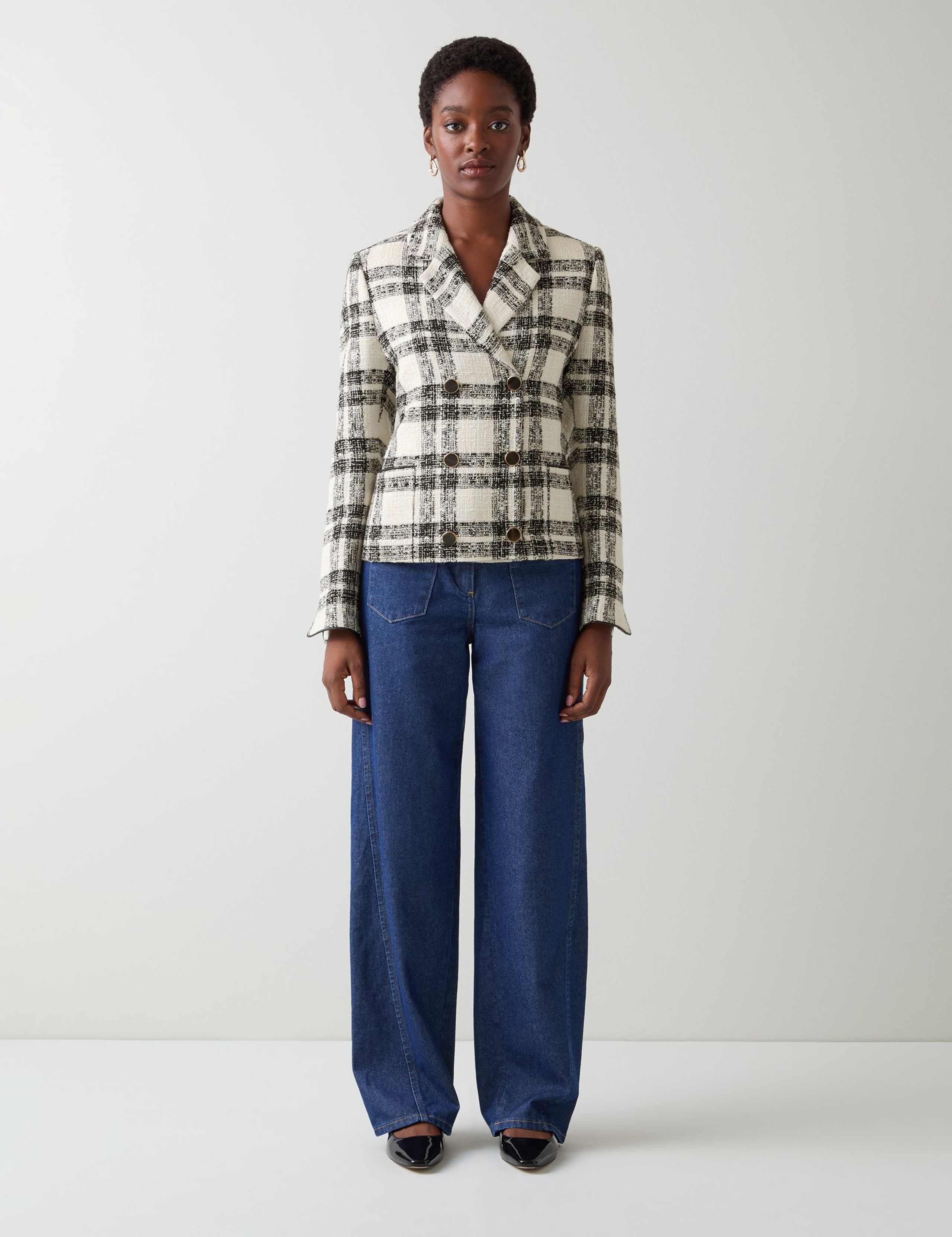 Checked Cropped Tailored Coat with Cotton