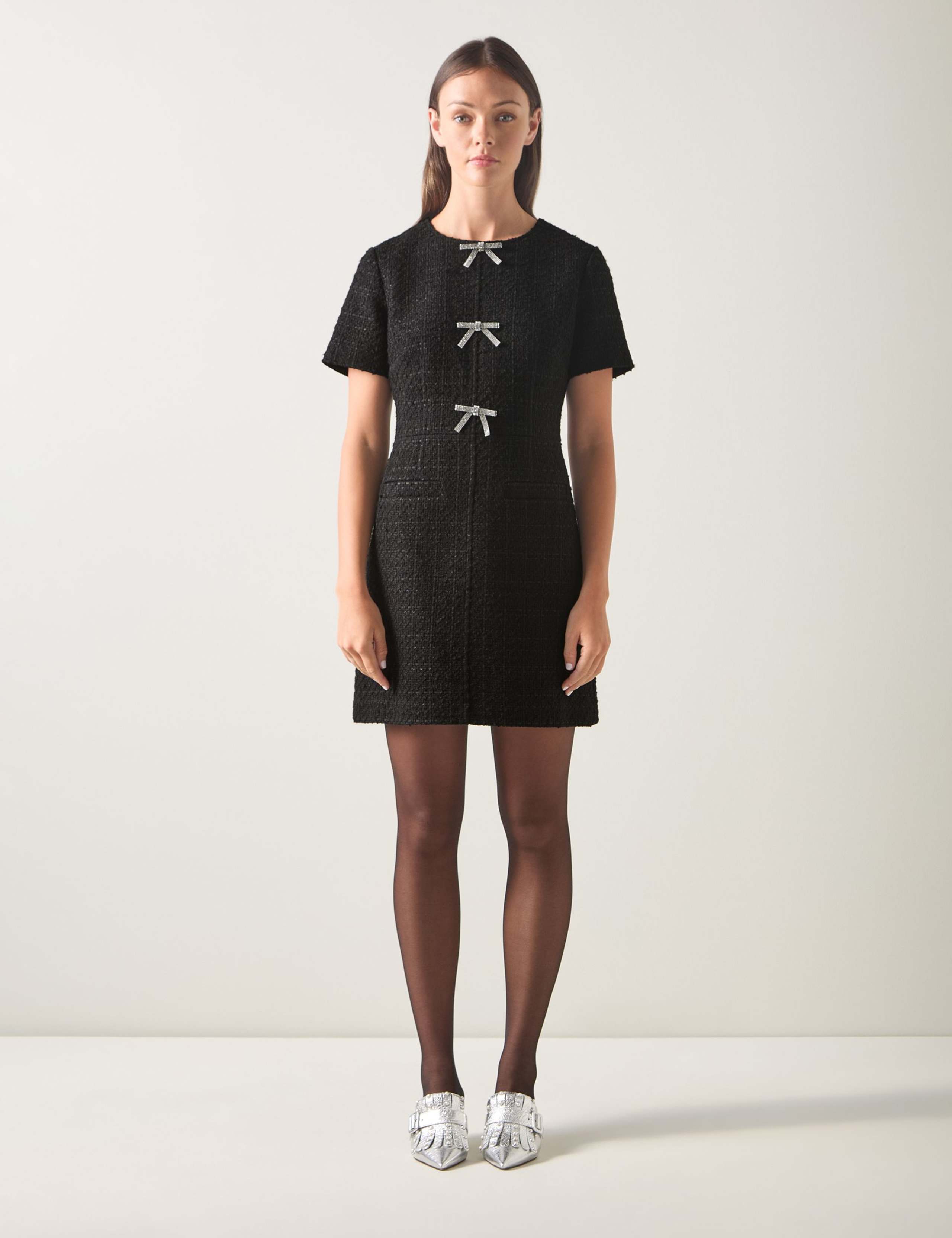 Cotton Blend Tweed Bow Detail Fitted Mini Dress