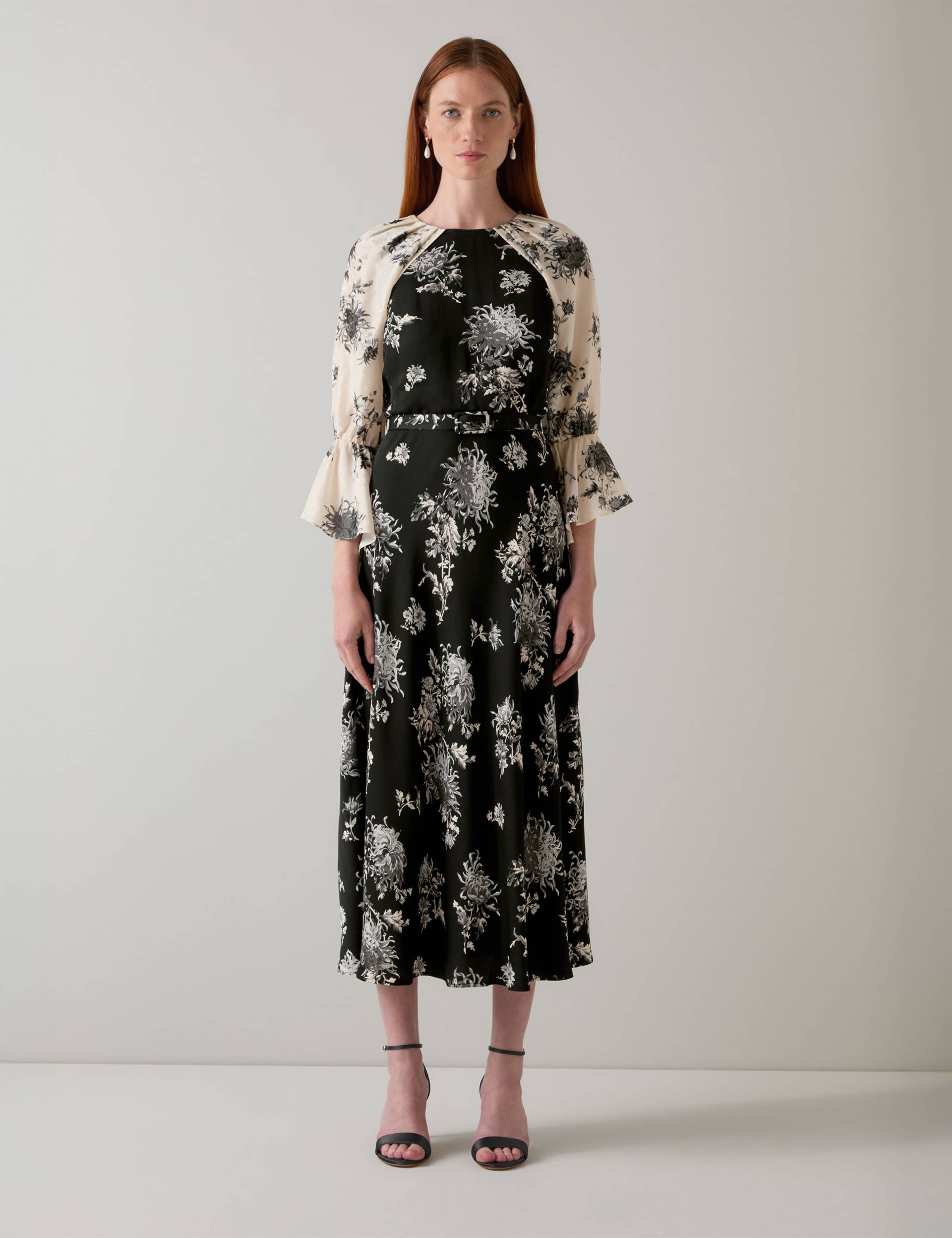 Floral Contrast Sleeve Midi Dress