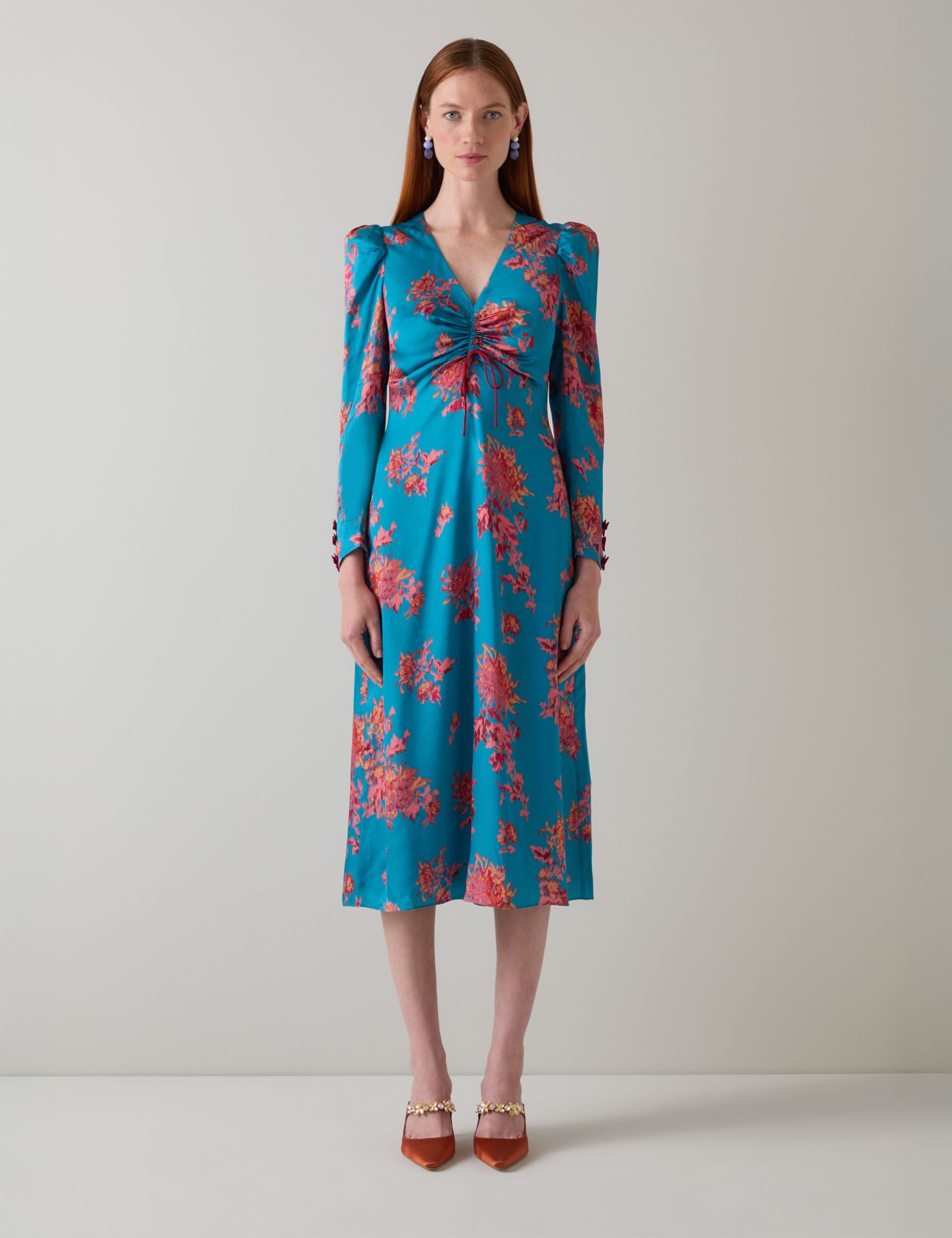 Satin Floral V-Neck Puff Sleeve Midi Dress