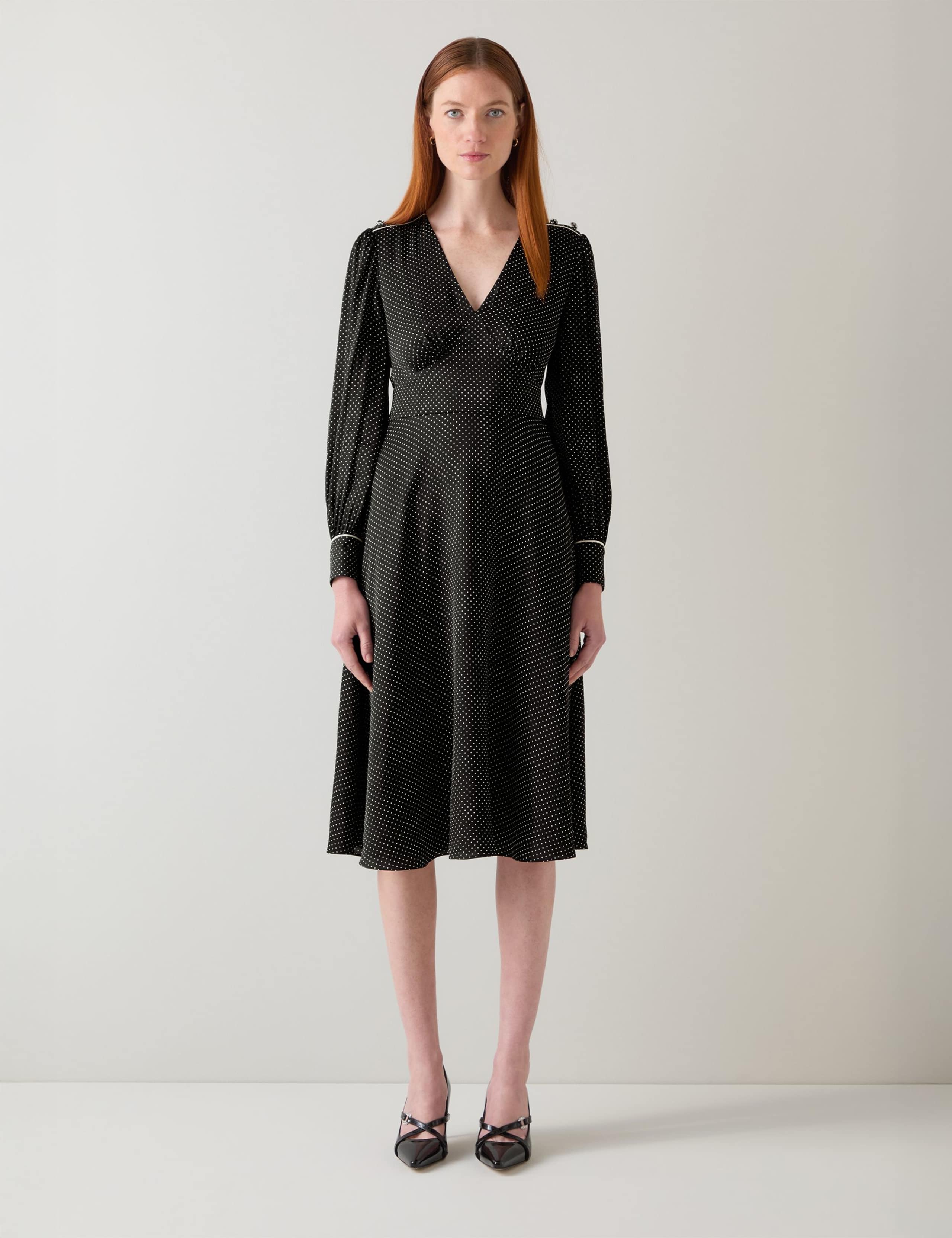 Crepe Spot Print V-Neck Waisted Dress