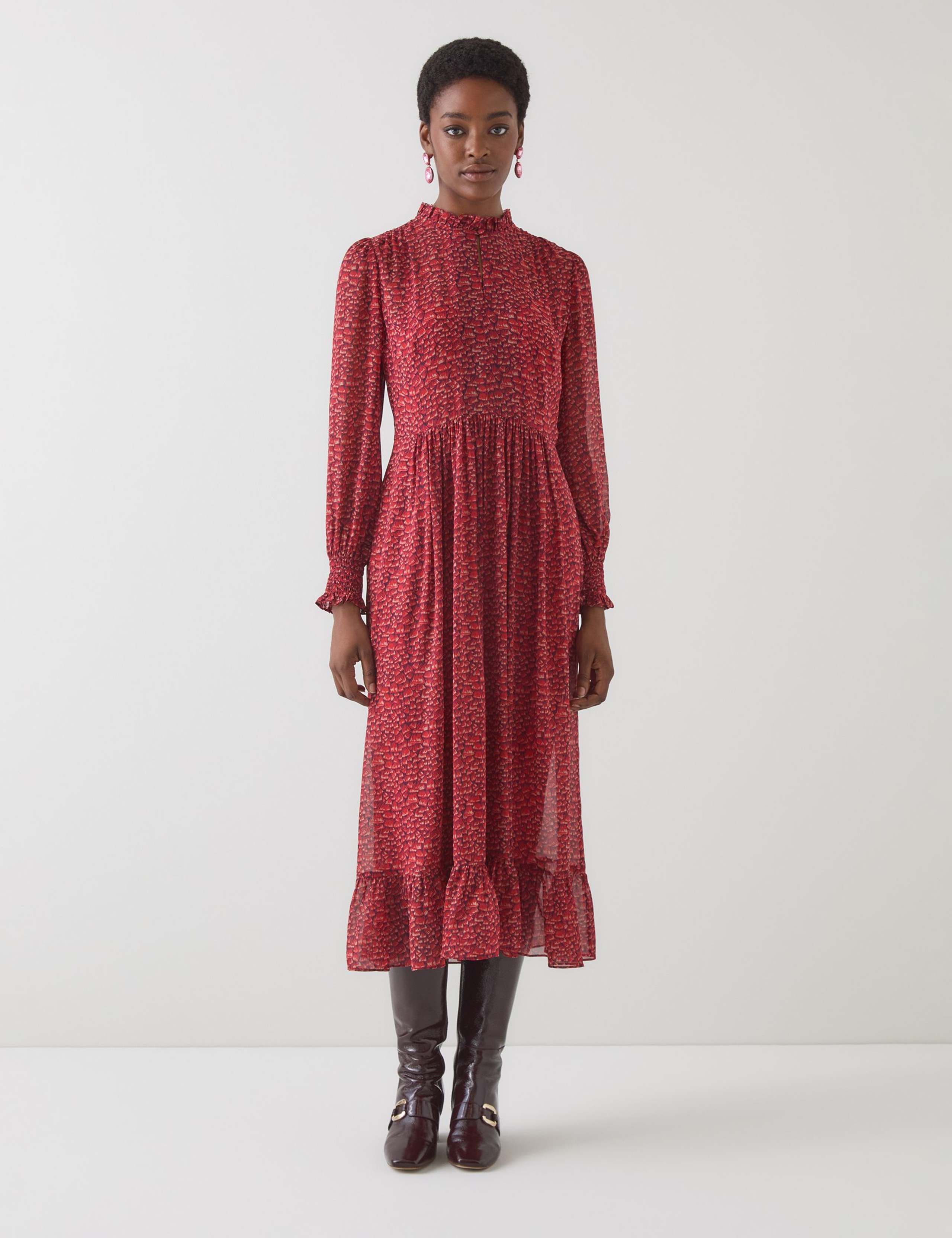 Pure Silk Feather Print Midi Skater Dress