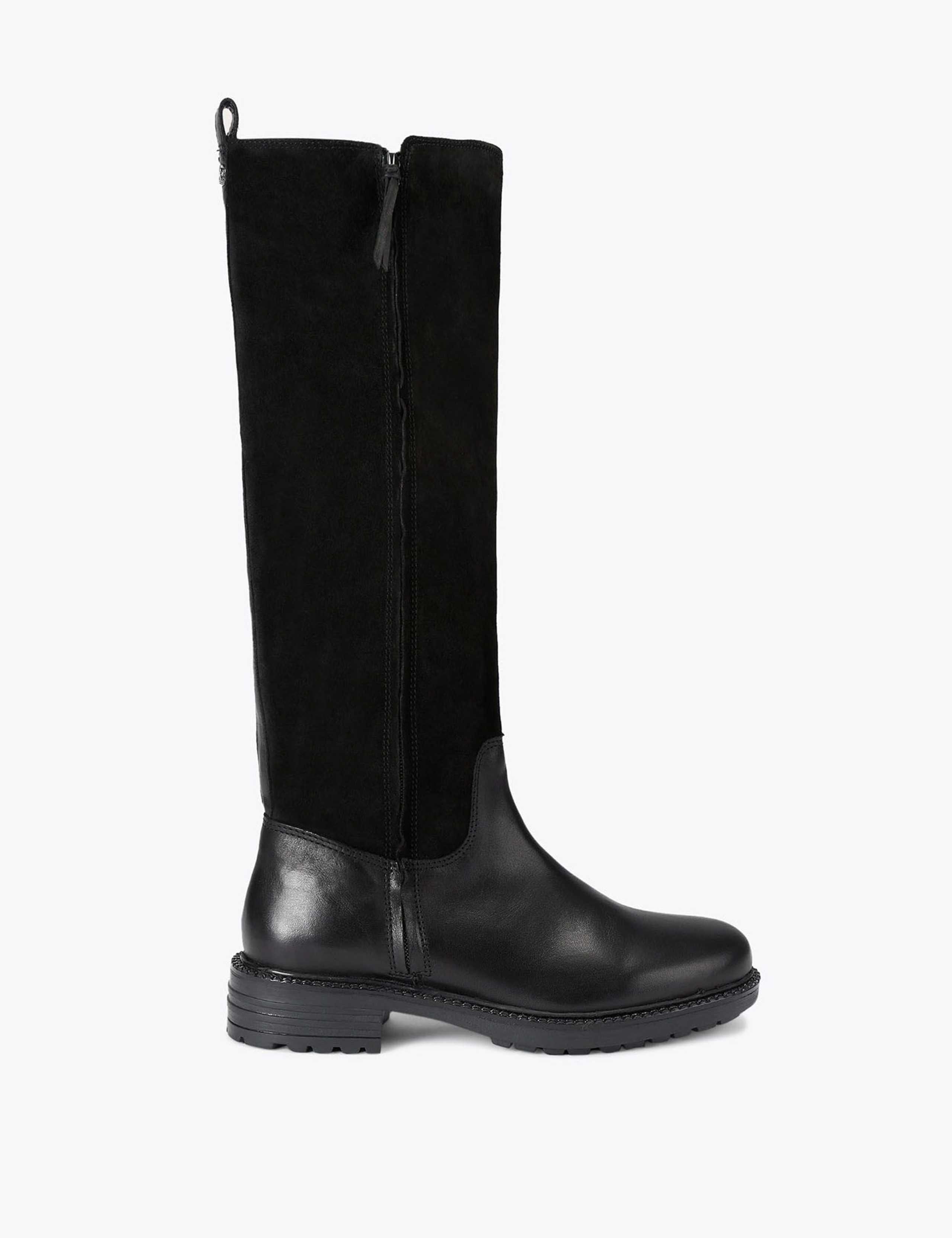 Leather Cleated Block Heel Knee High Boots