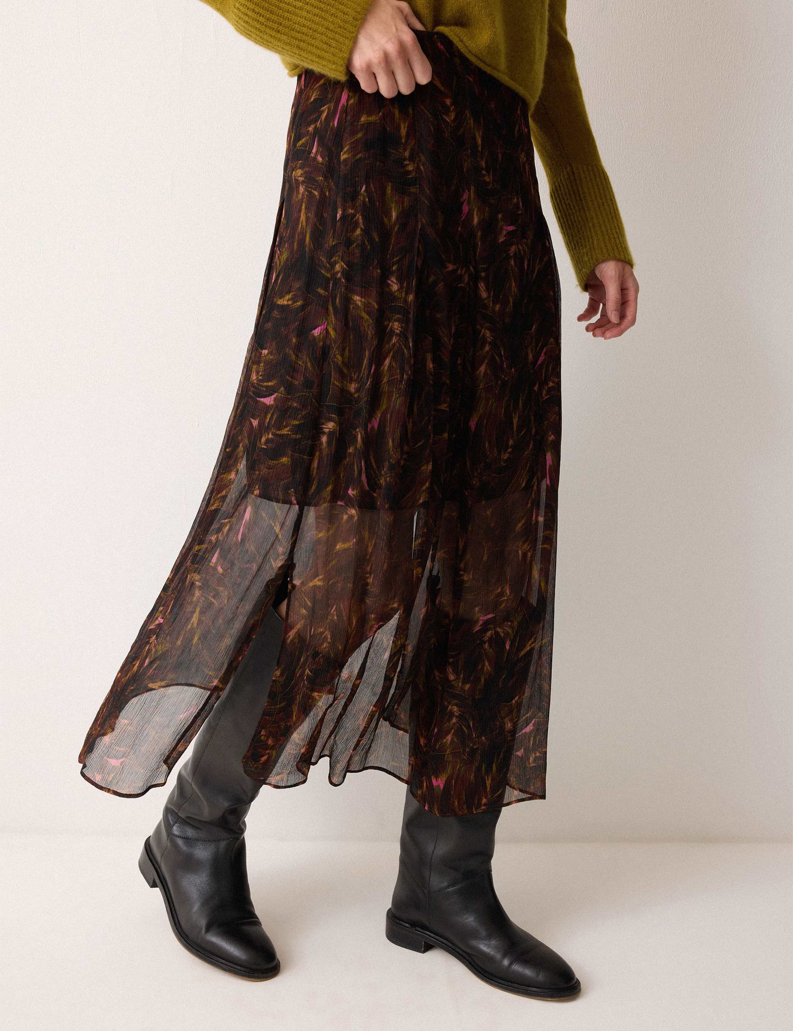 Crepe Feather Print Midi A-Line Skirt