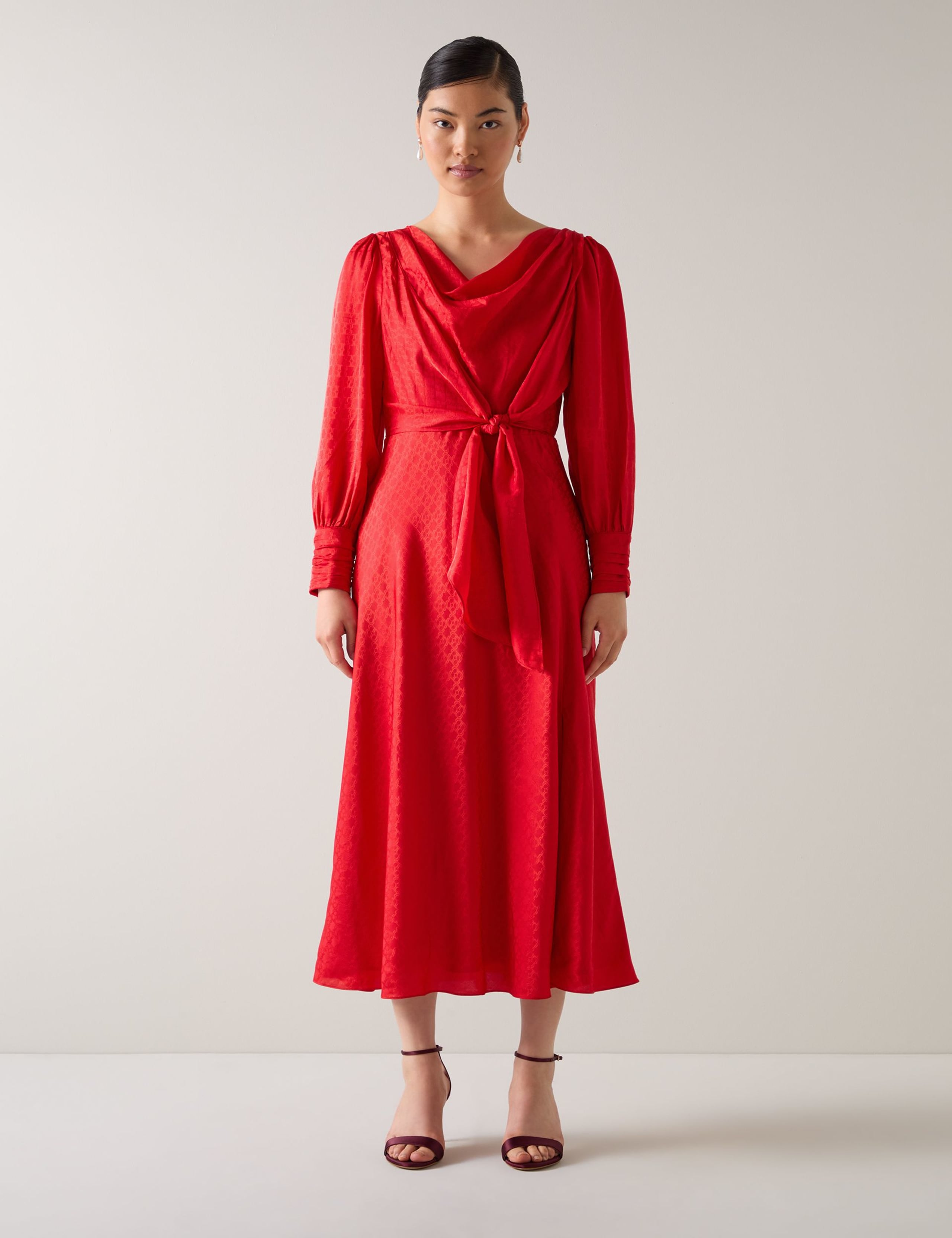 Silk Blend Jacquard Midi Waisted Dress