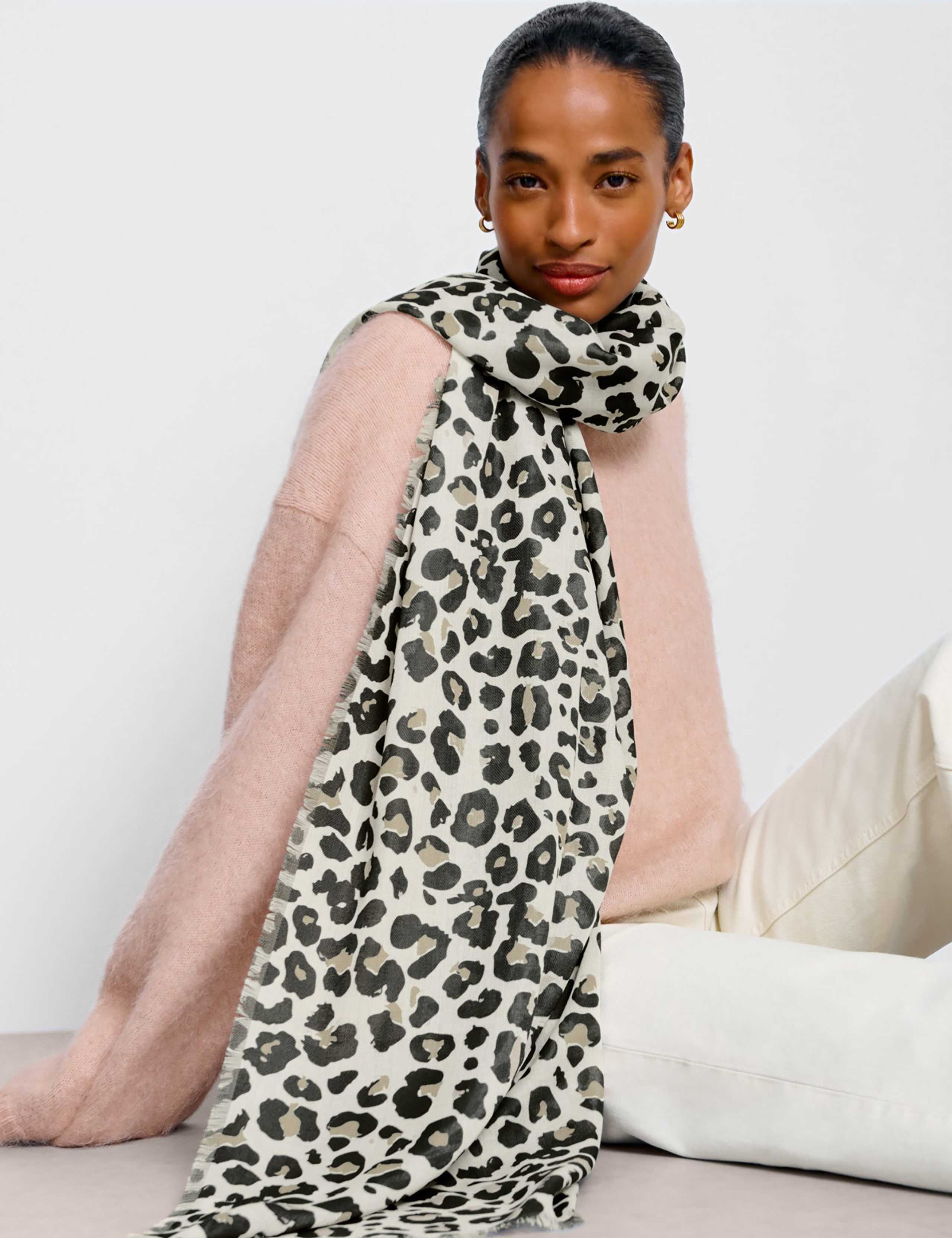 Animal Print Fringed Scarf