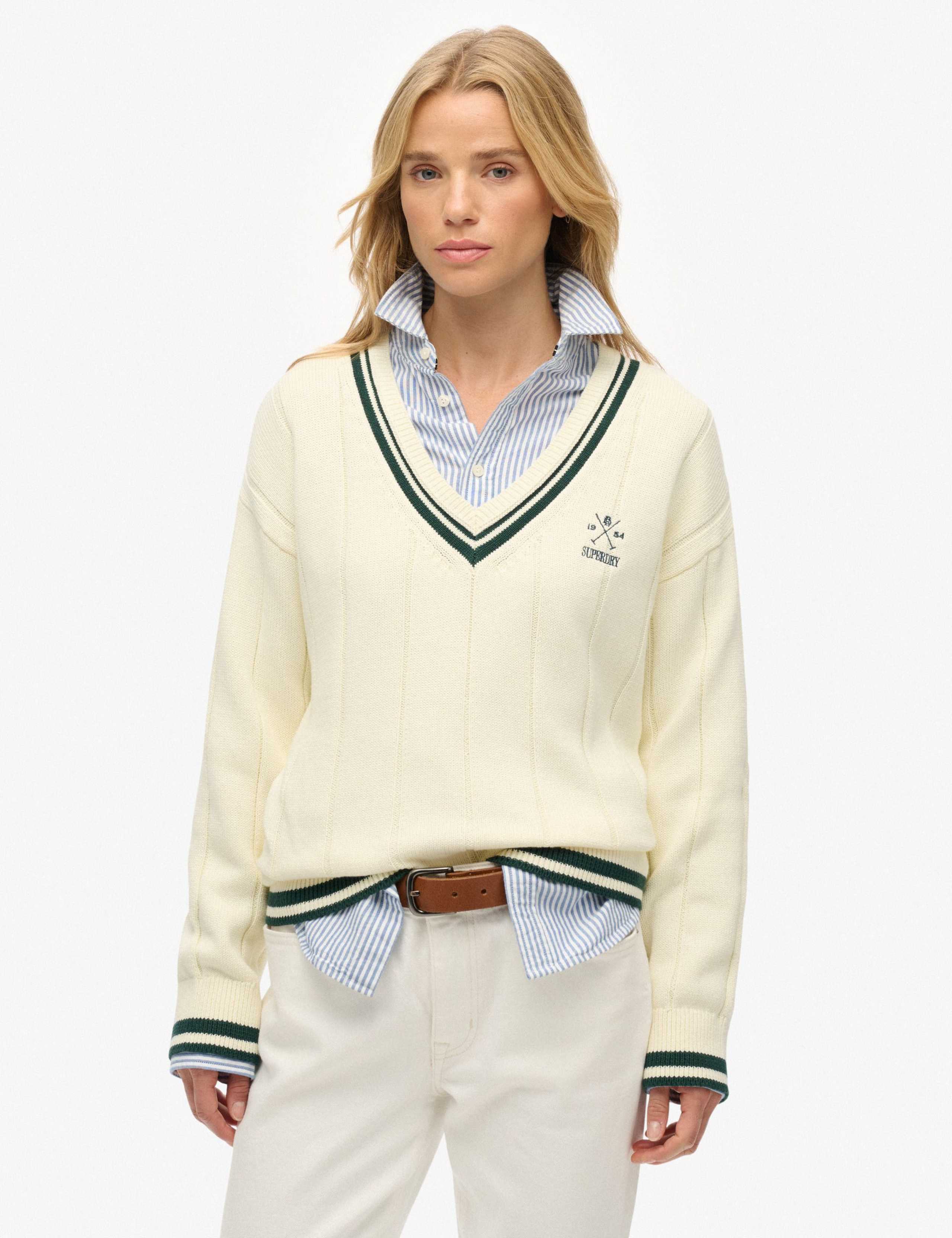 Pure Cotton Textured V-Neck Oversized Jumper