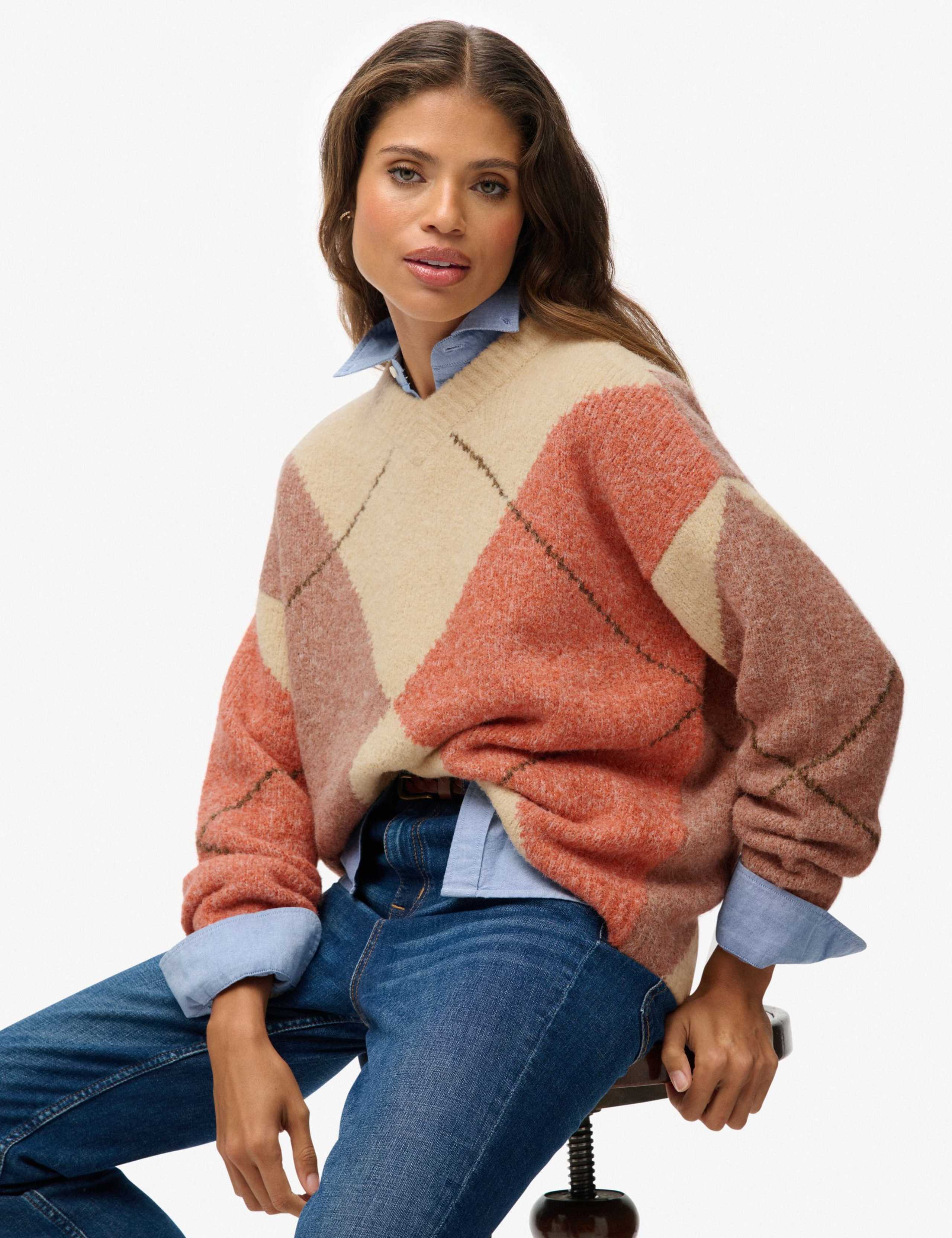 Argyle V-Neck Oversized Jumper