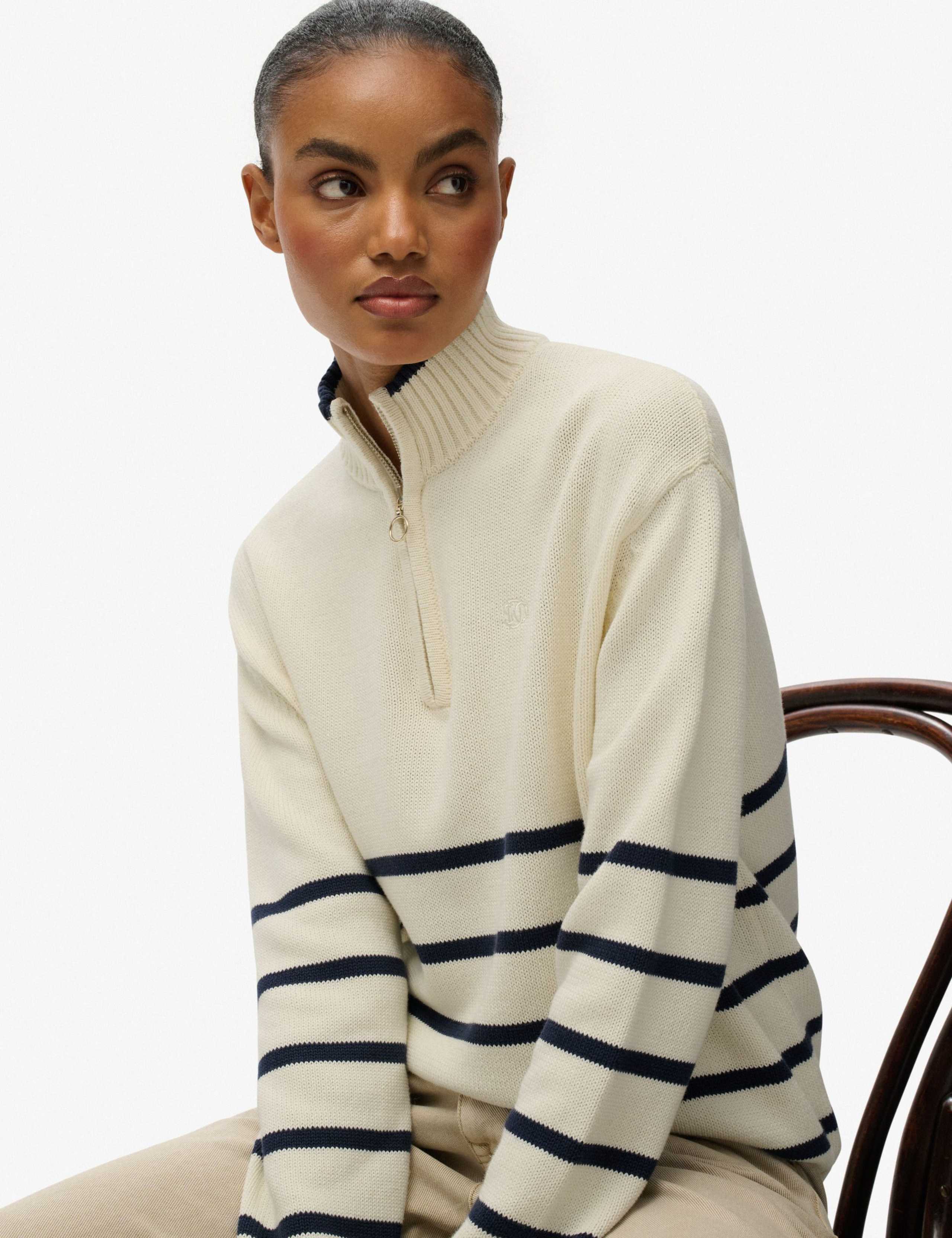 Pure Cotton Striped Half Zip Oversized Jumper