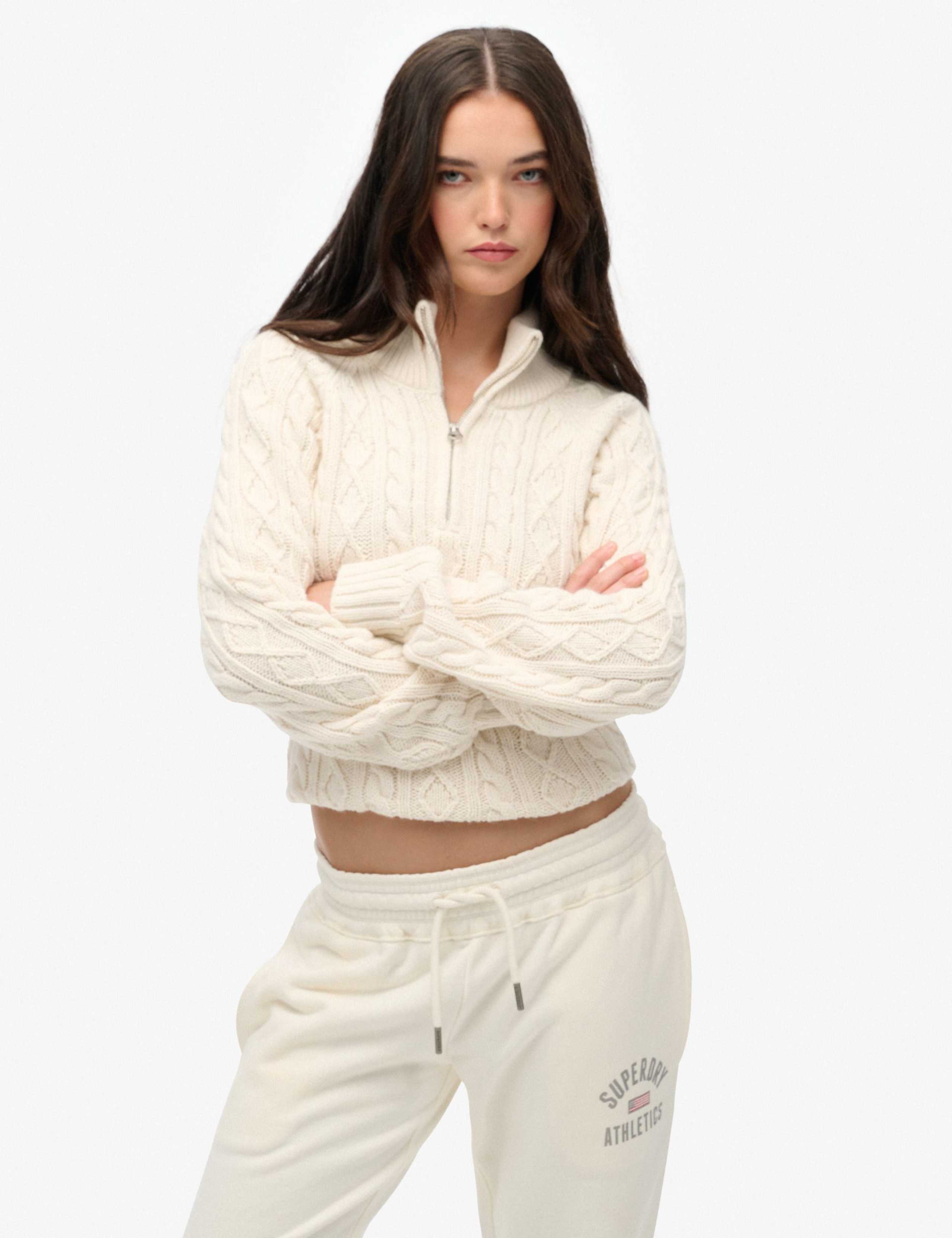 Cable Knit Half Zip Jumper with Wool