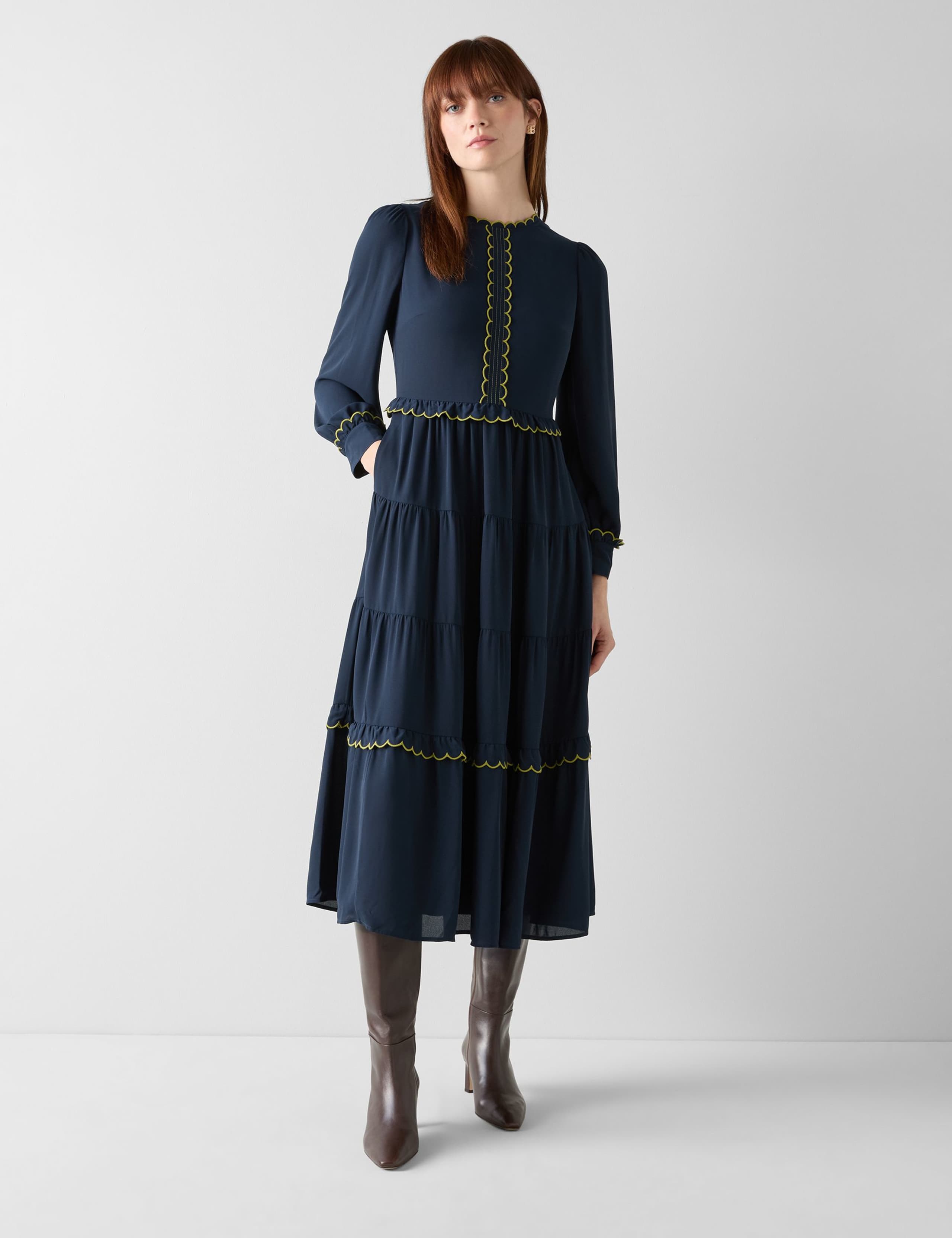 Crew Neck Scallop Detail Midi Tiered Dress