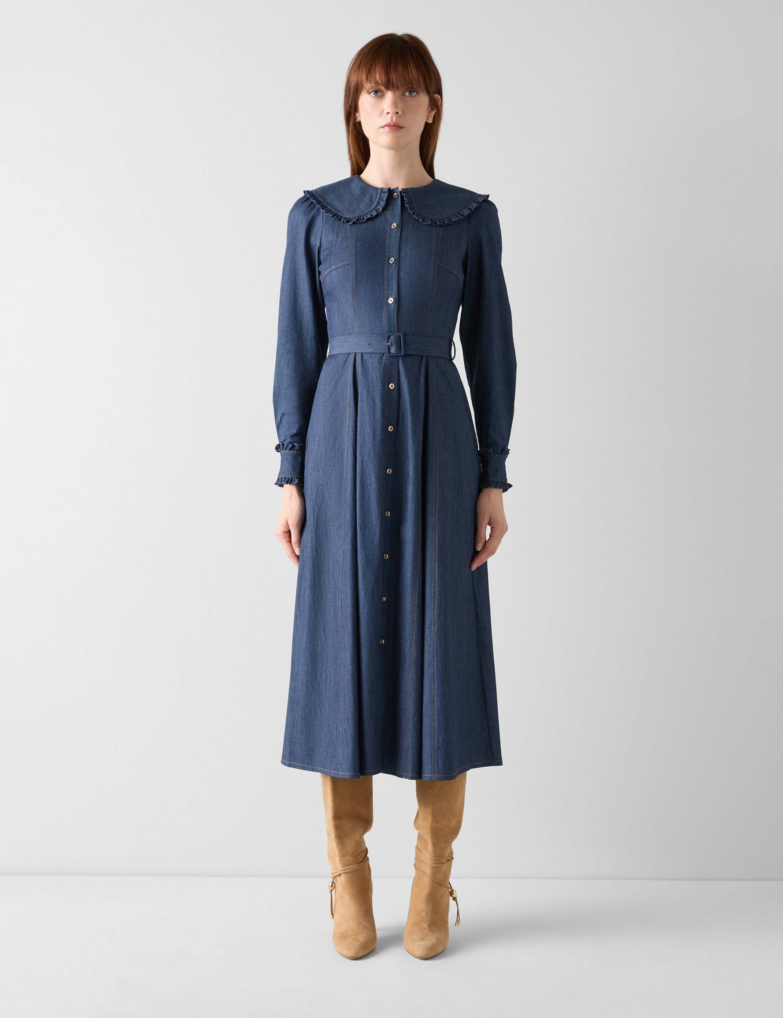Denim Collared Belted Midi Shirt Dress
