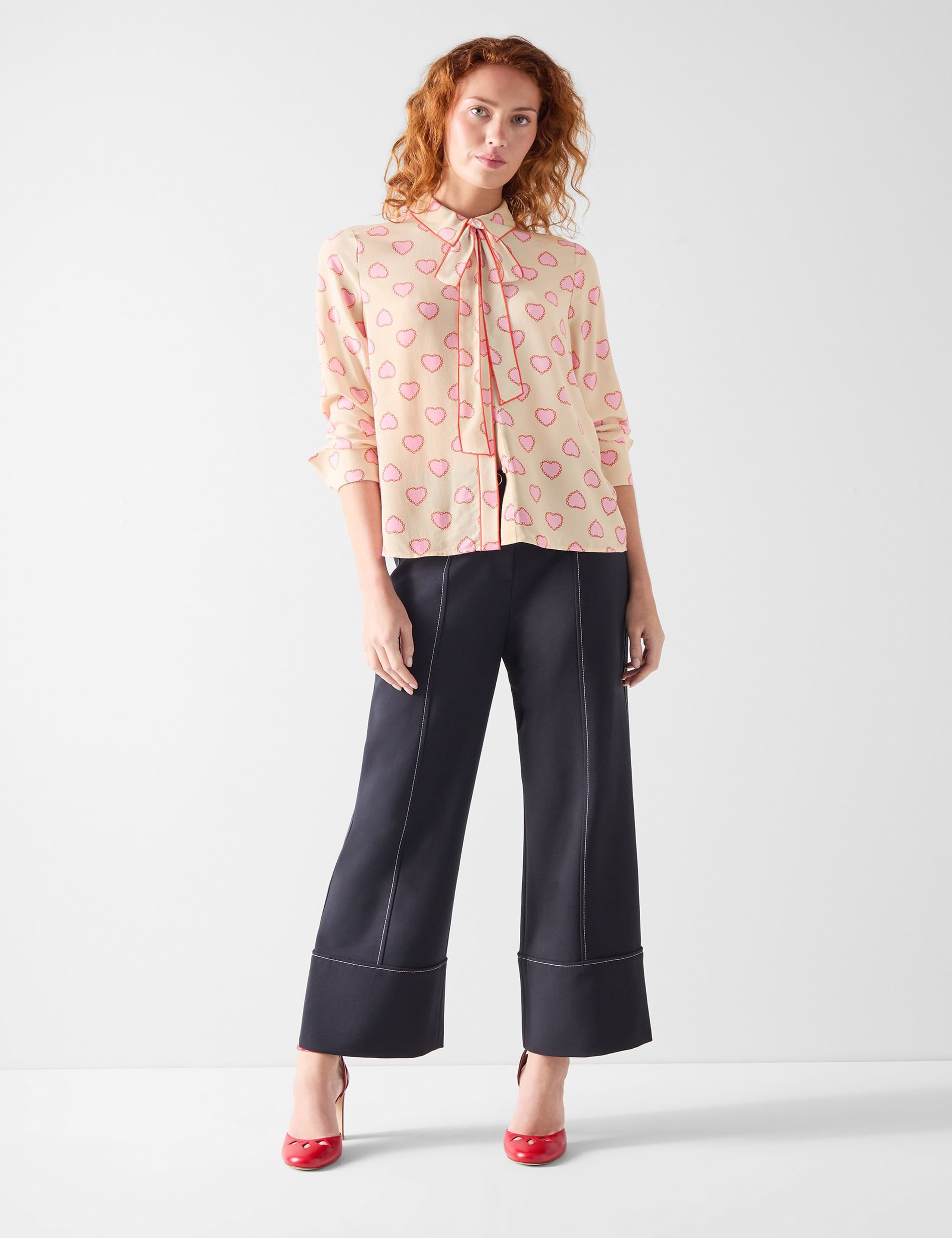 Heart Print Tie Neck Collared Blouse