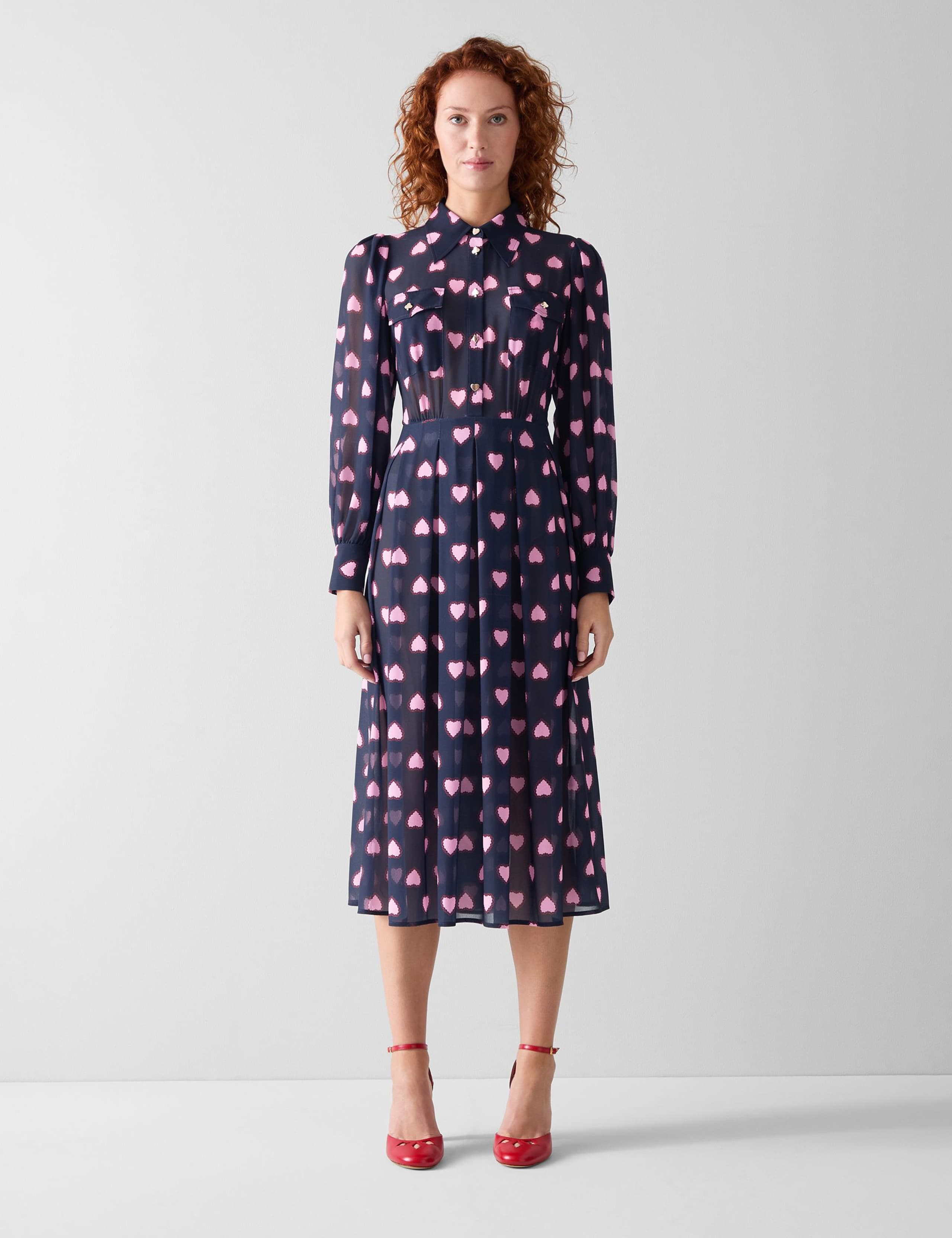Heart Print Blouson Sleeve Midi Shirt Dress