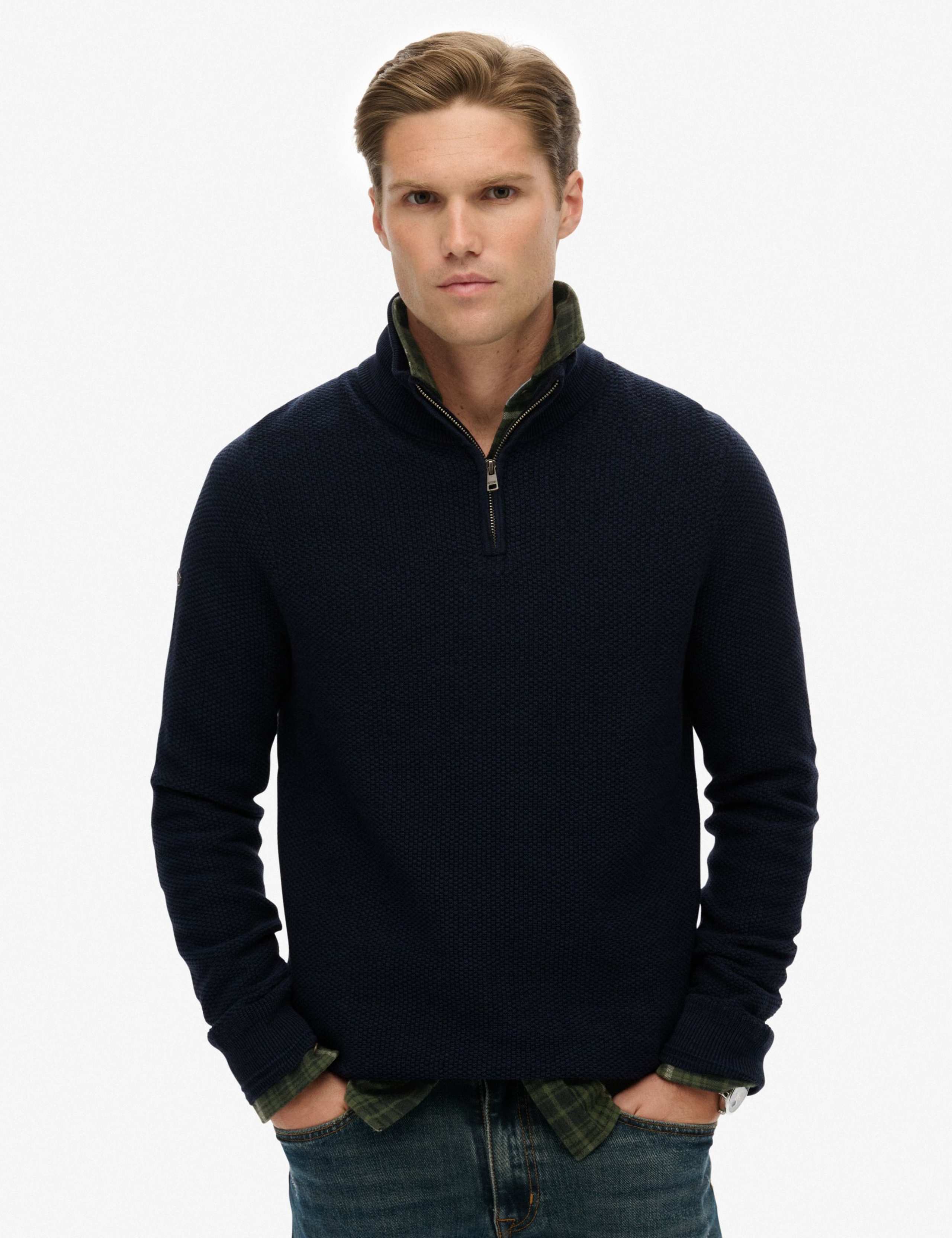 Pure Cotton Textured Half Zip Jumper