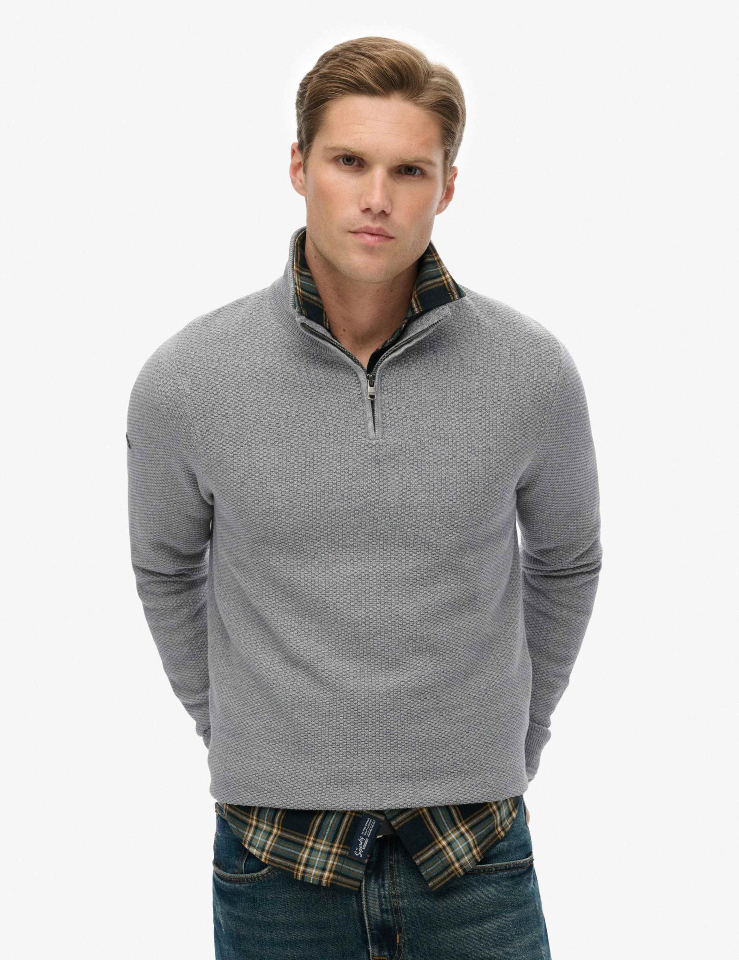 Pure Cotton Textured Half Zip Jumper