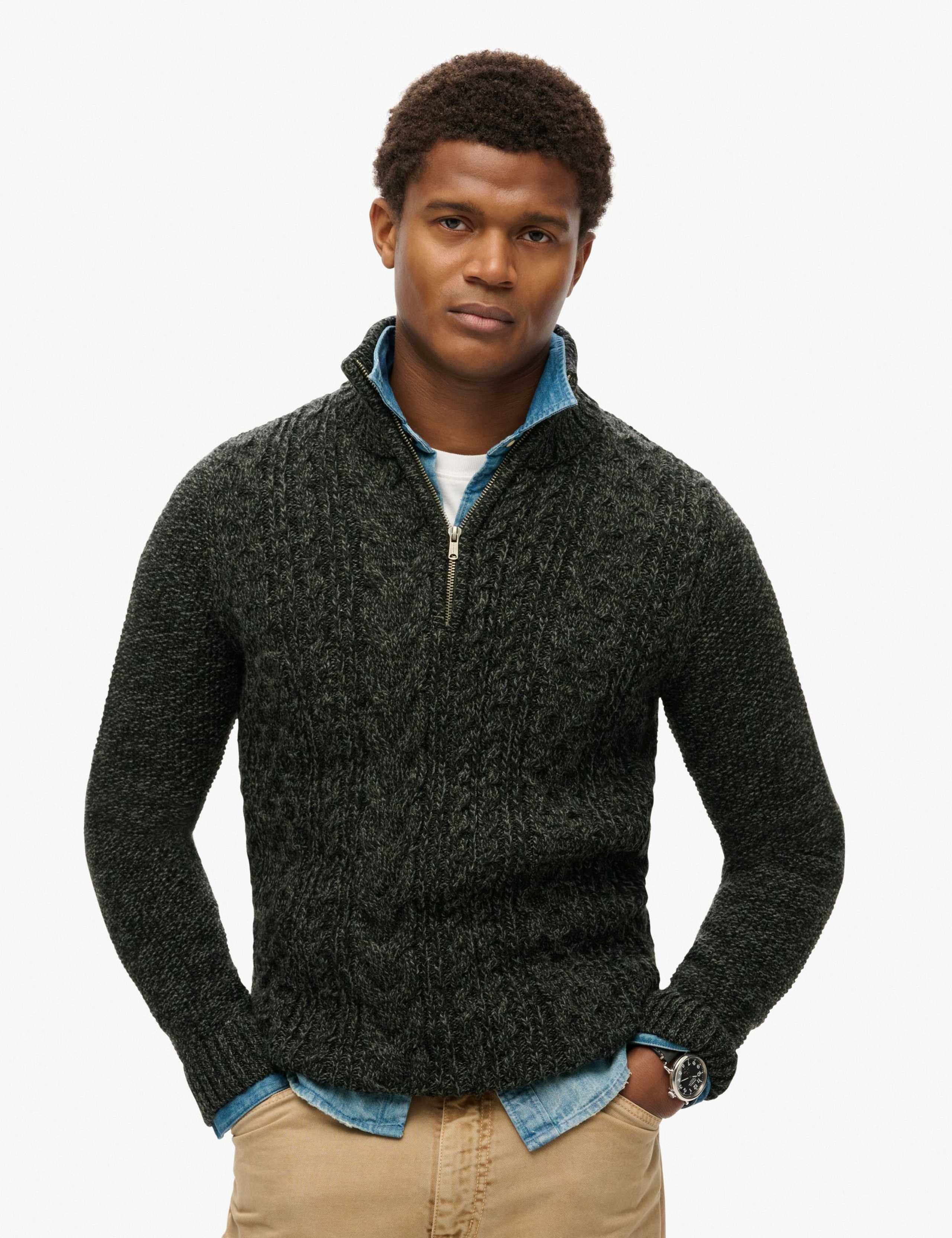Wool Blend Cable Knit Half Zip Jumper