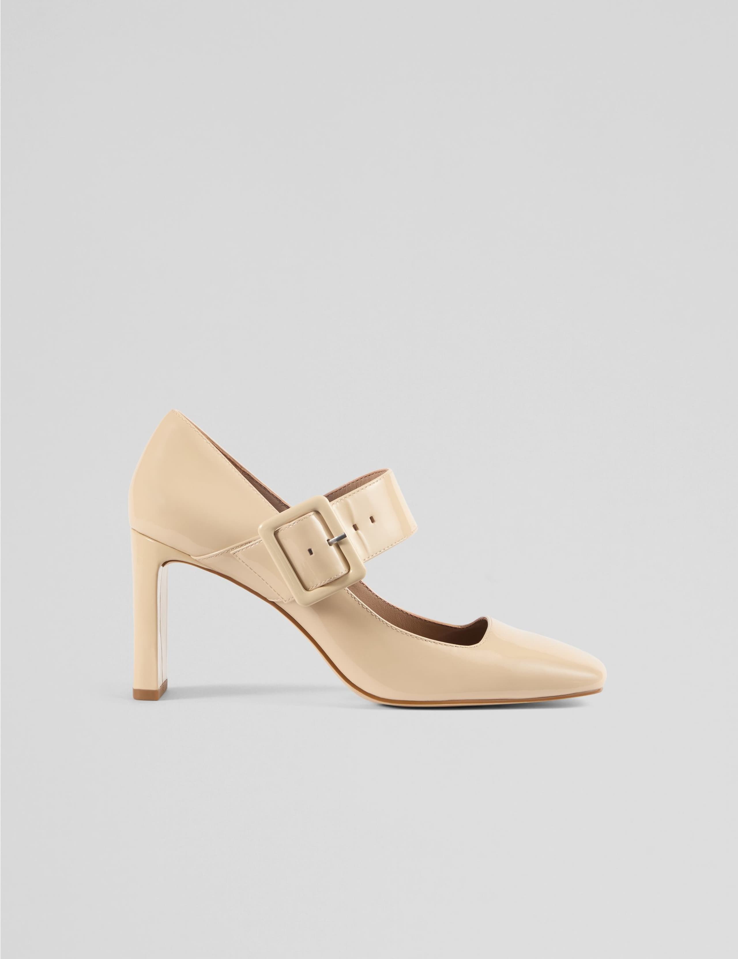 Leather Buckle Block Heel Court Shoes