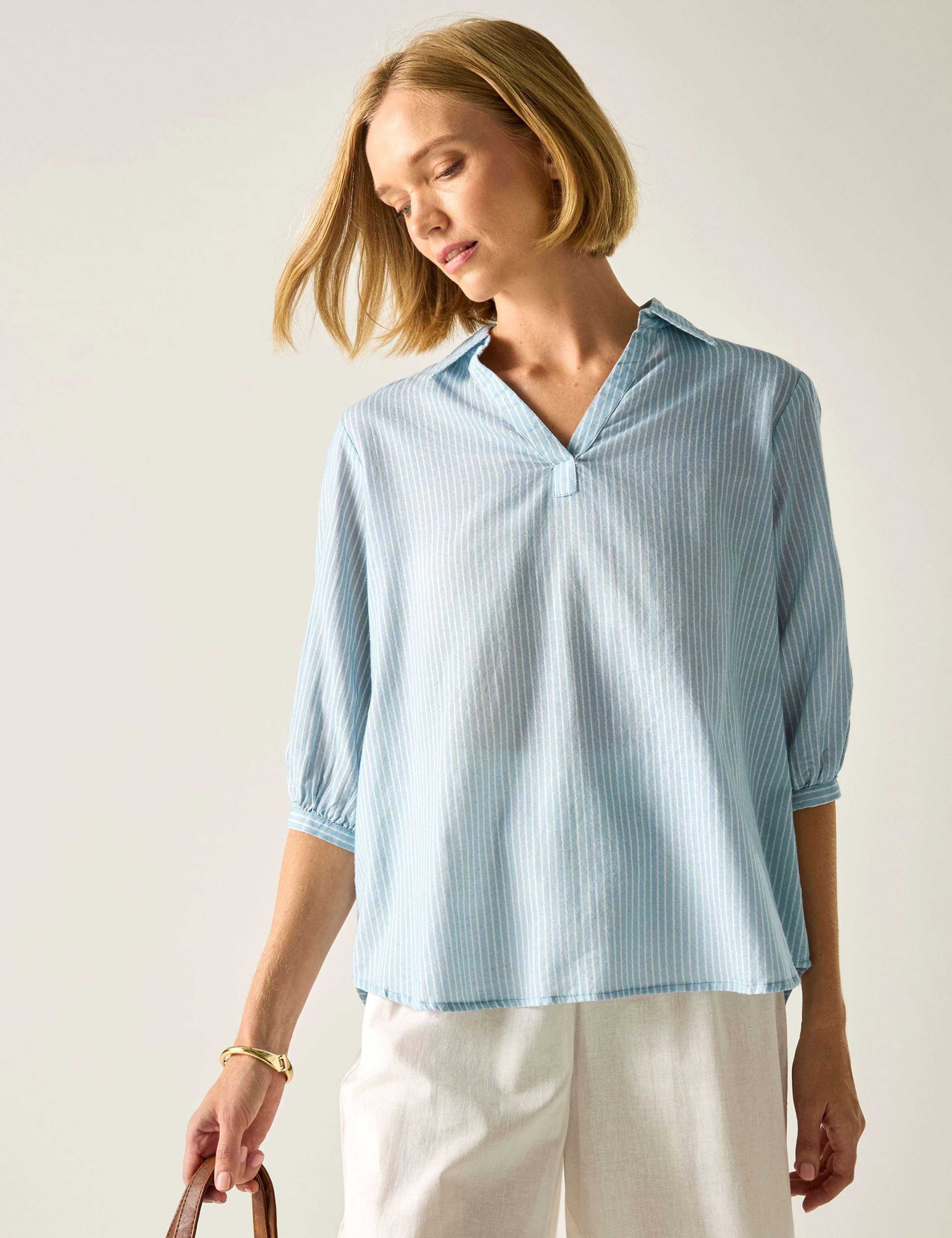 Nofino Cotton Rich Striped V-Neck Blouse