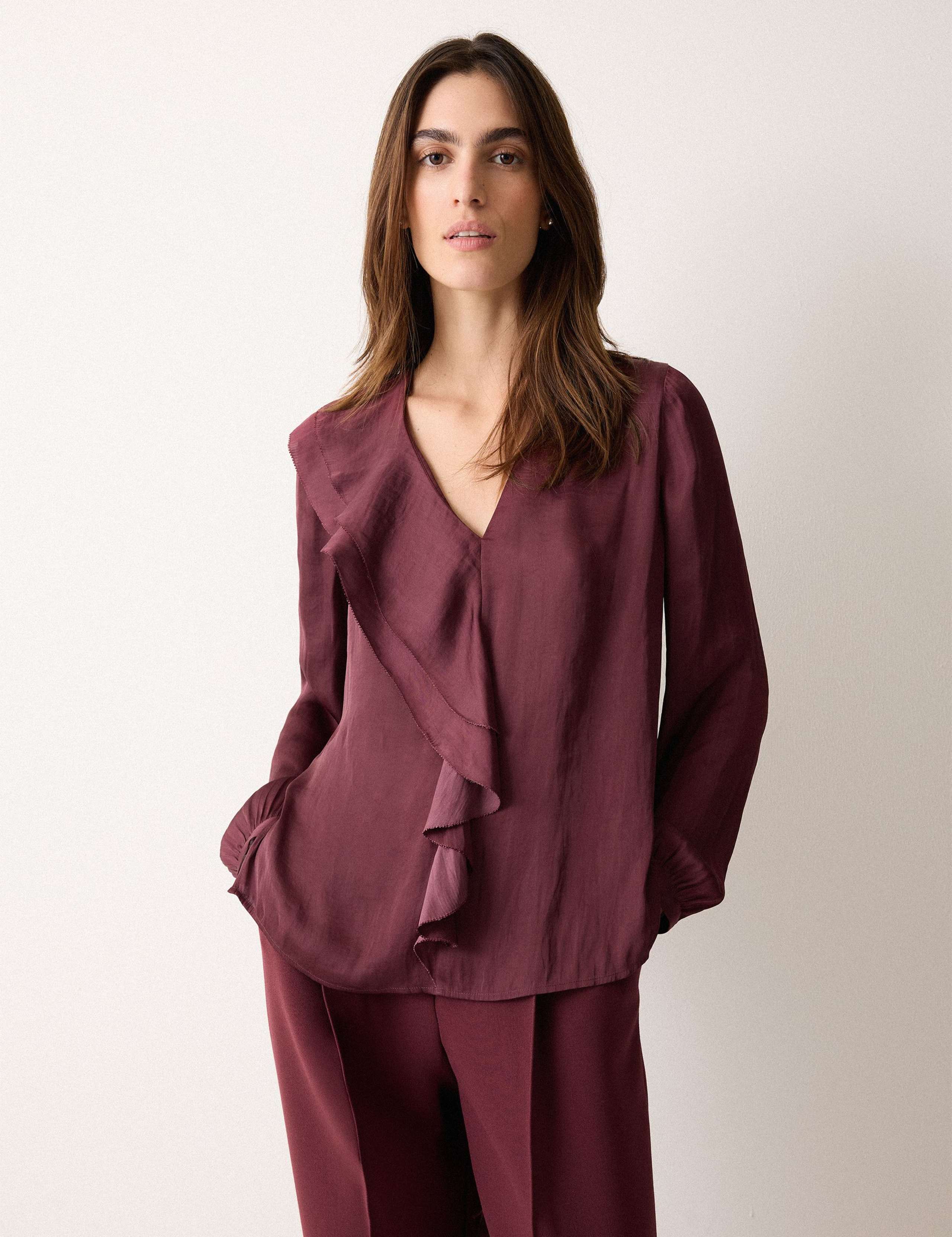 Satin V-Neck Frill Blouse