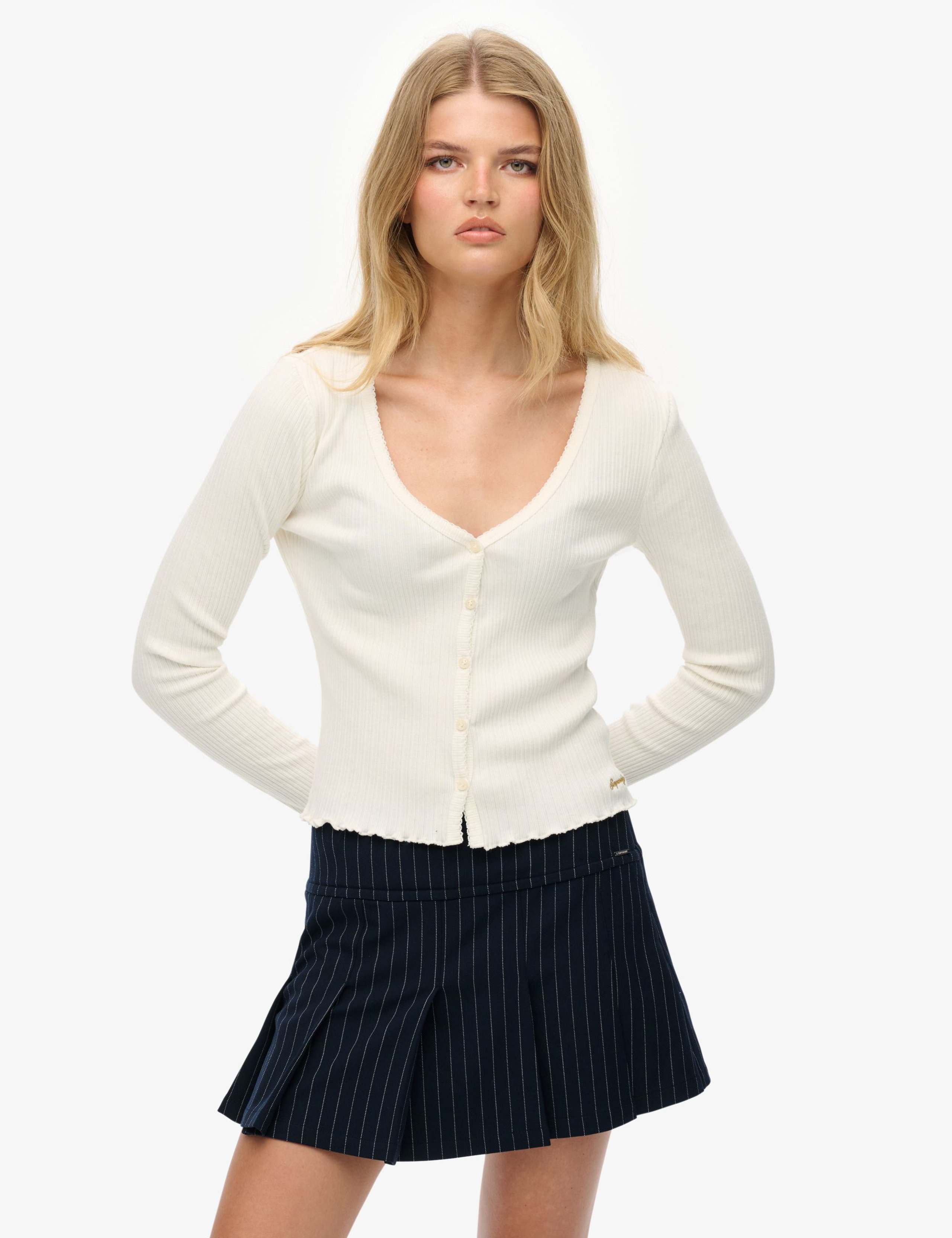 Pure Cotton Ribbed V-Neck Slim Fit Cardigan