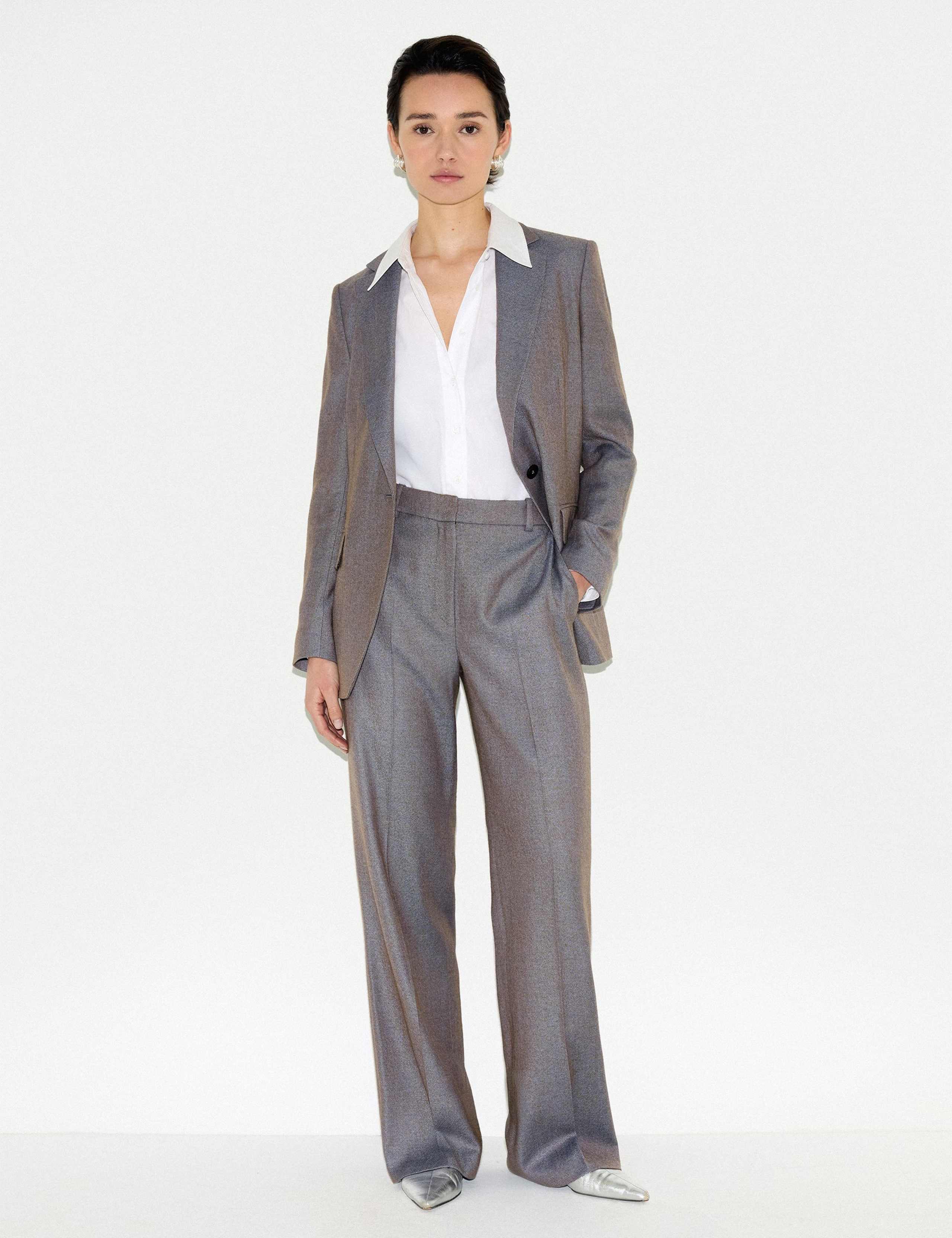 Wool Blend Straight Leg Trousers