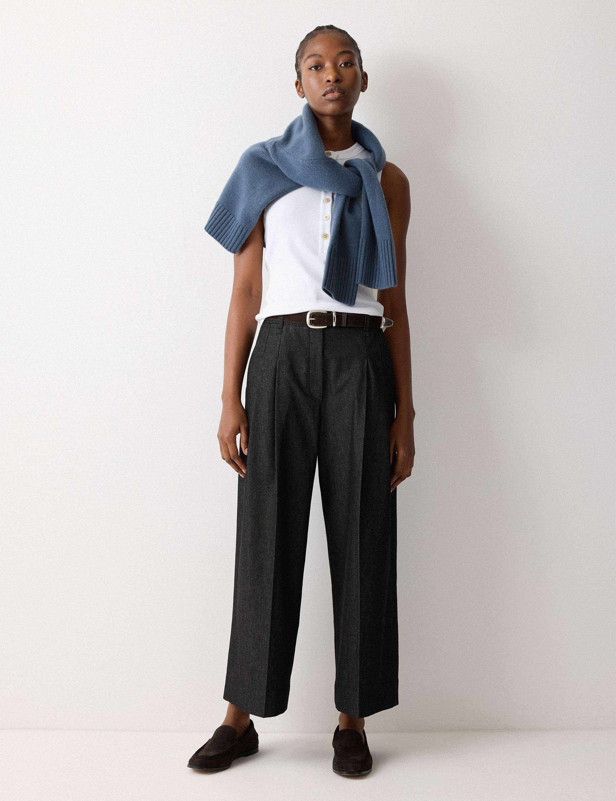 Denim Pleat Front Ankle Grazer Trousers