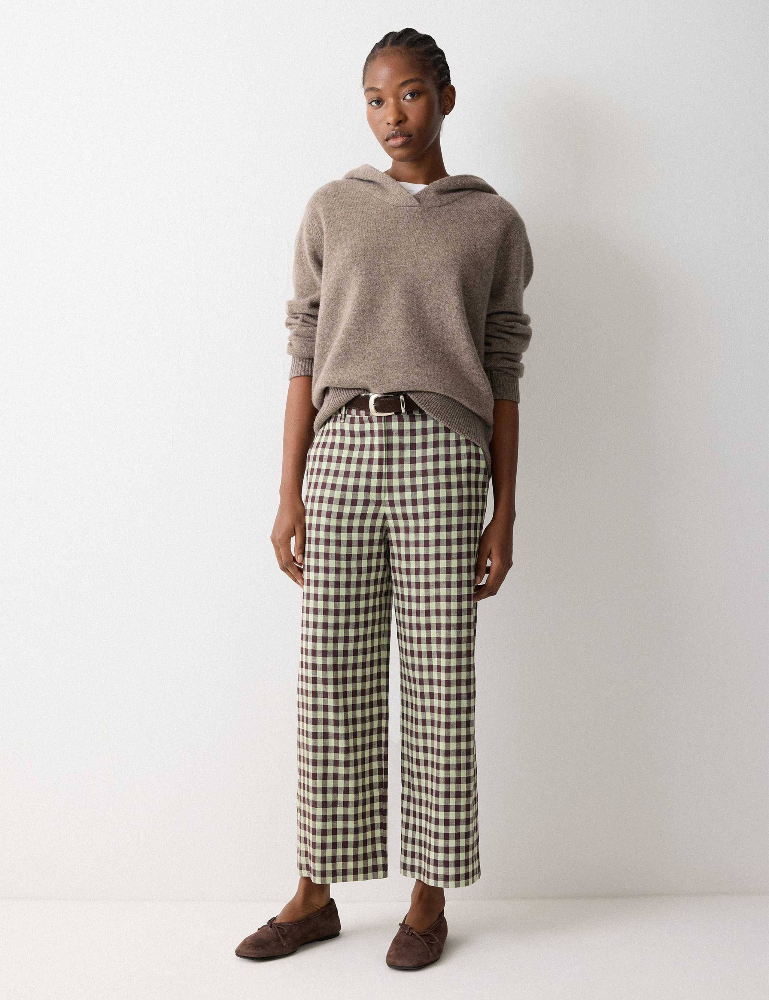 Linen Blend Checked Cropped Trousers