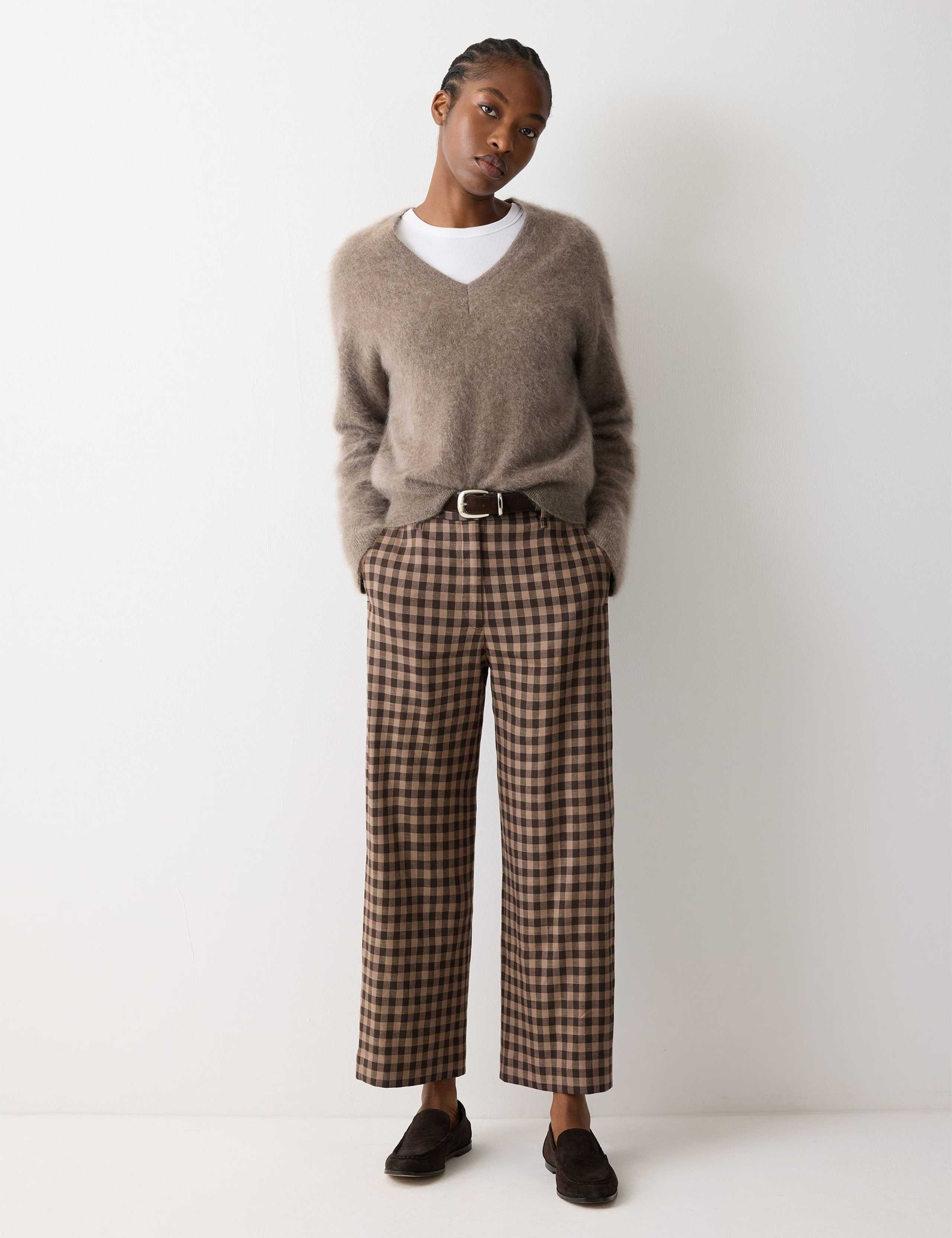 Linen Blend Checked Cropped Trousers