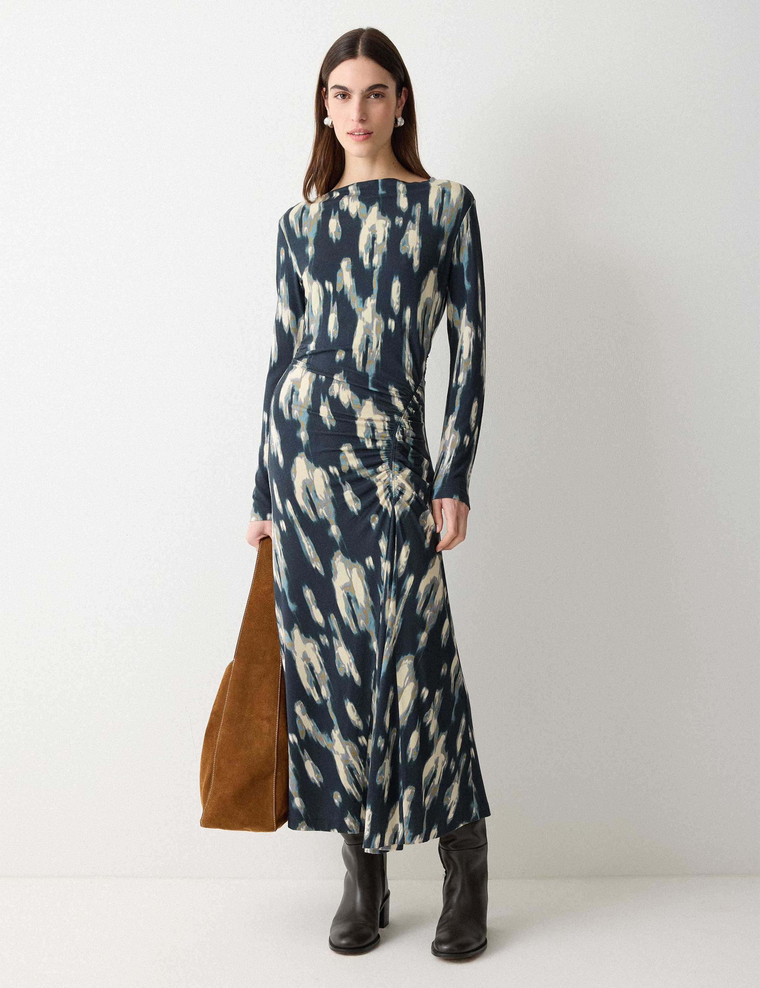 Jersey Printed Ruched Midi Column Dress