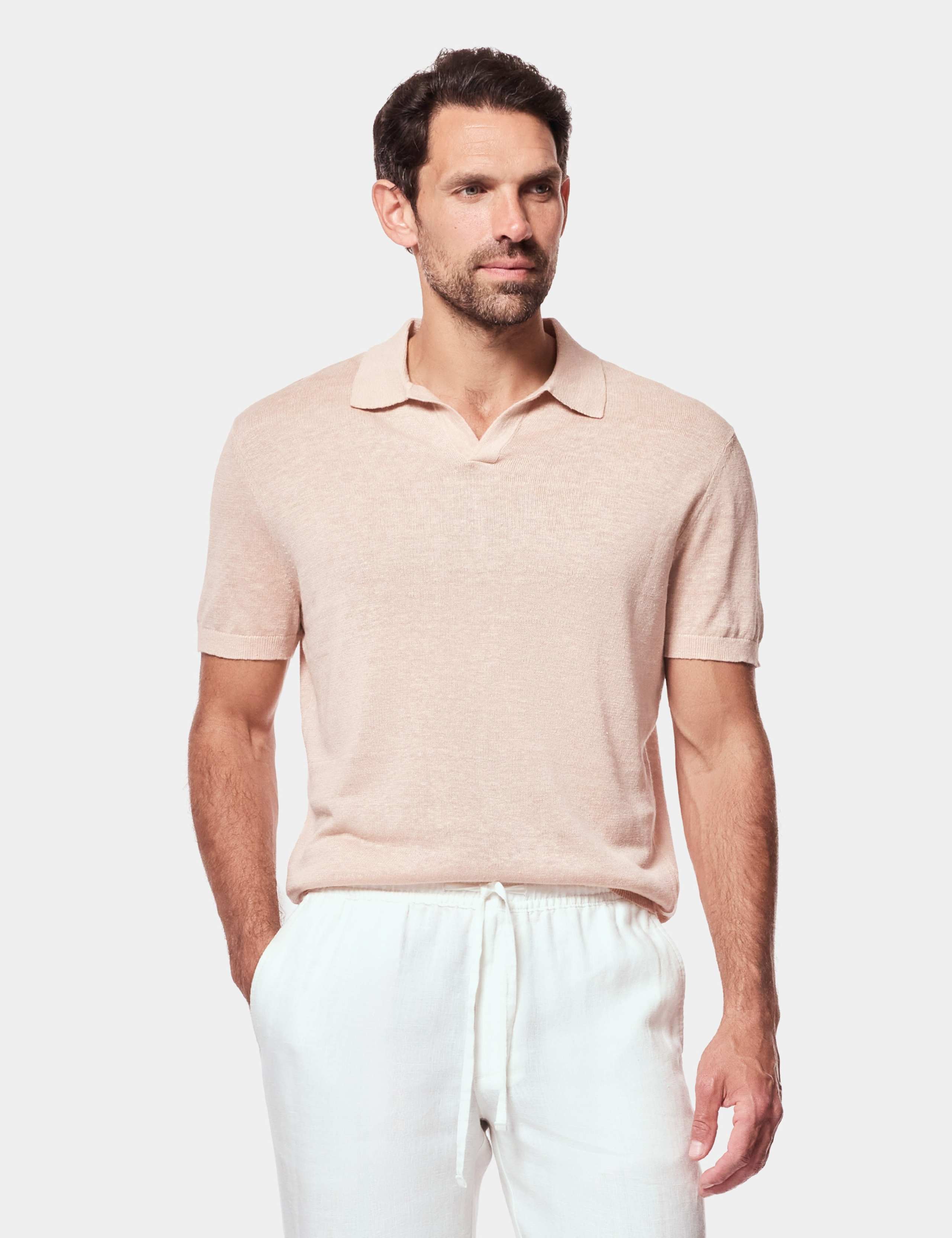 Sim Fit Pure Linen Open Collar Polo Shirt
