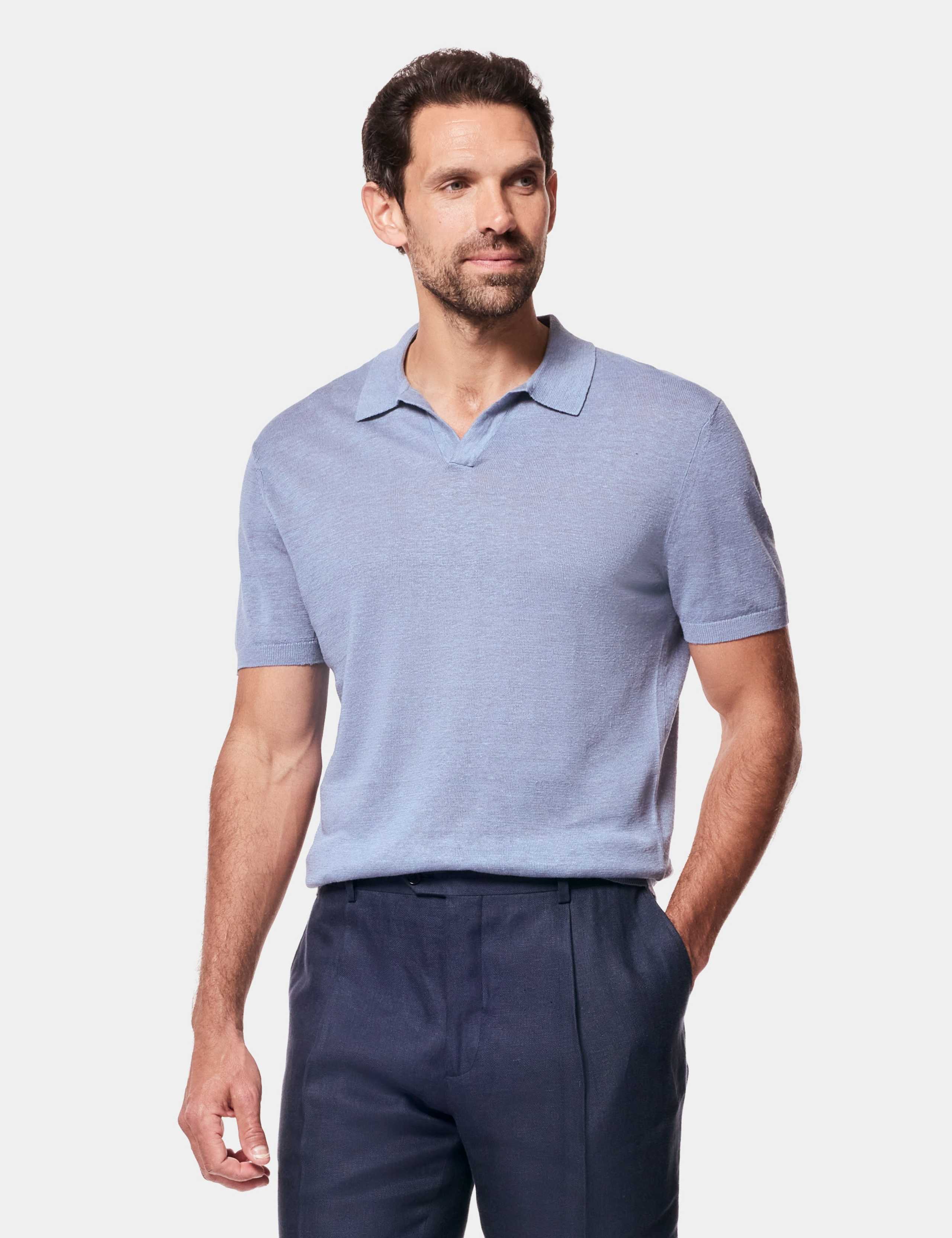 Sim Fit Pure Linen Open Collar Polo Shirt