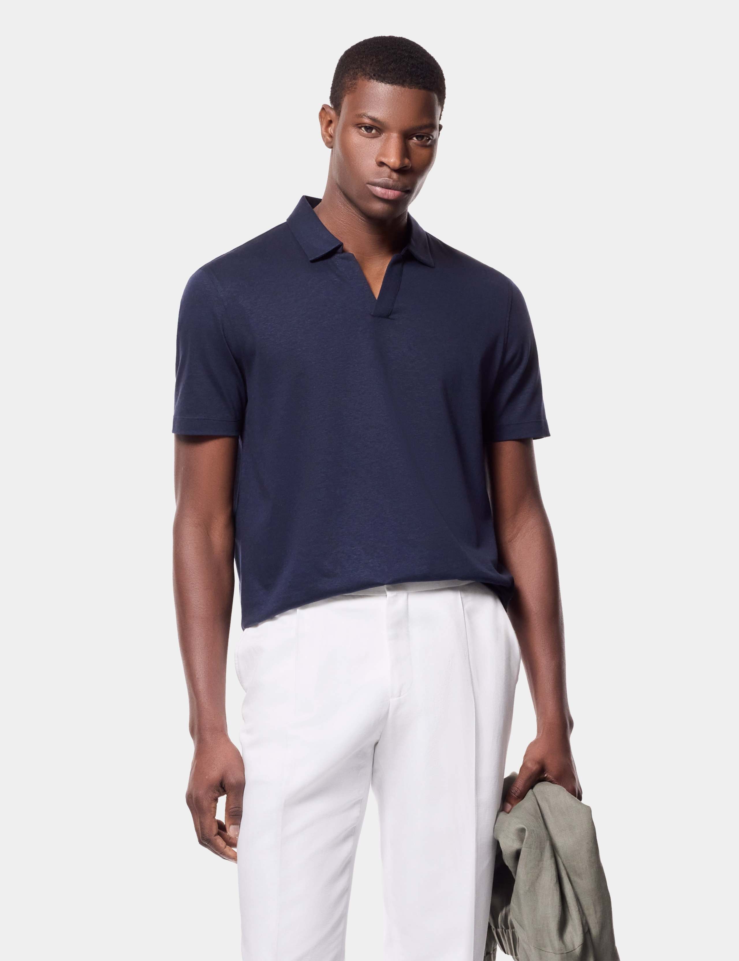 Pure Linen Open Neck Polo Shirt