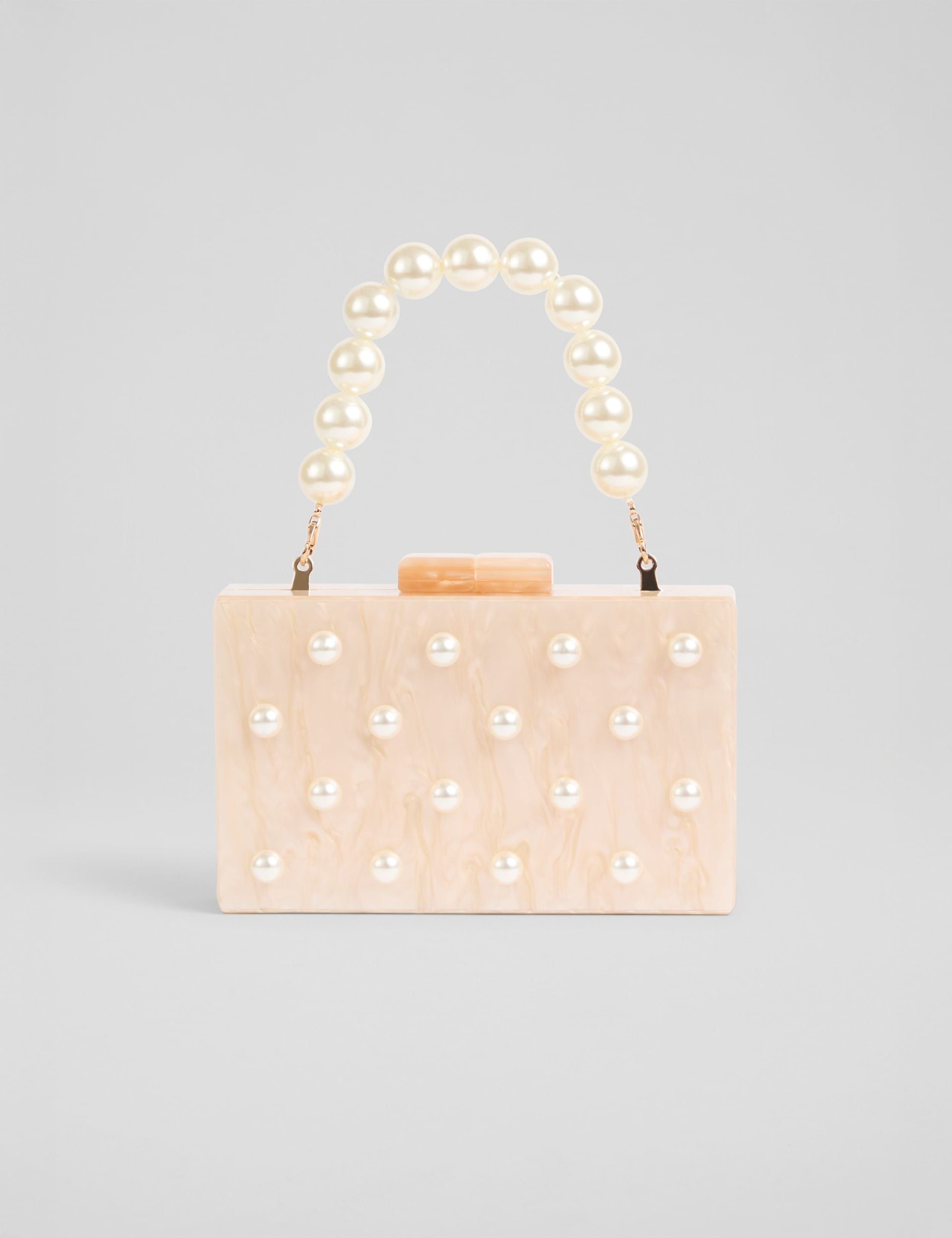 Pearl Beaded Handle Resin Box Clutch Bag